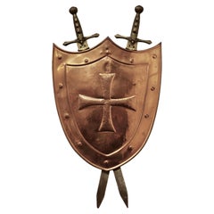 Wall Hanging Arts and Crafts Copper Shield with Cross Swords