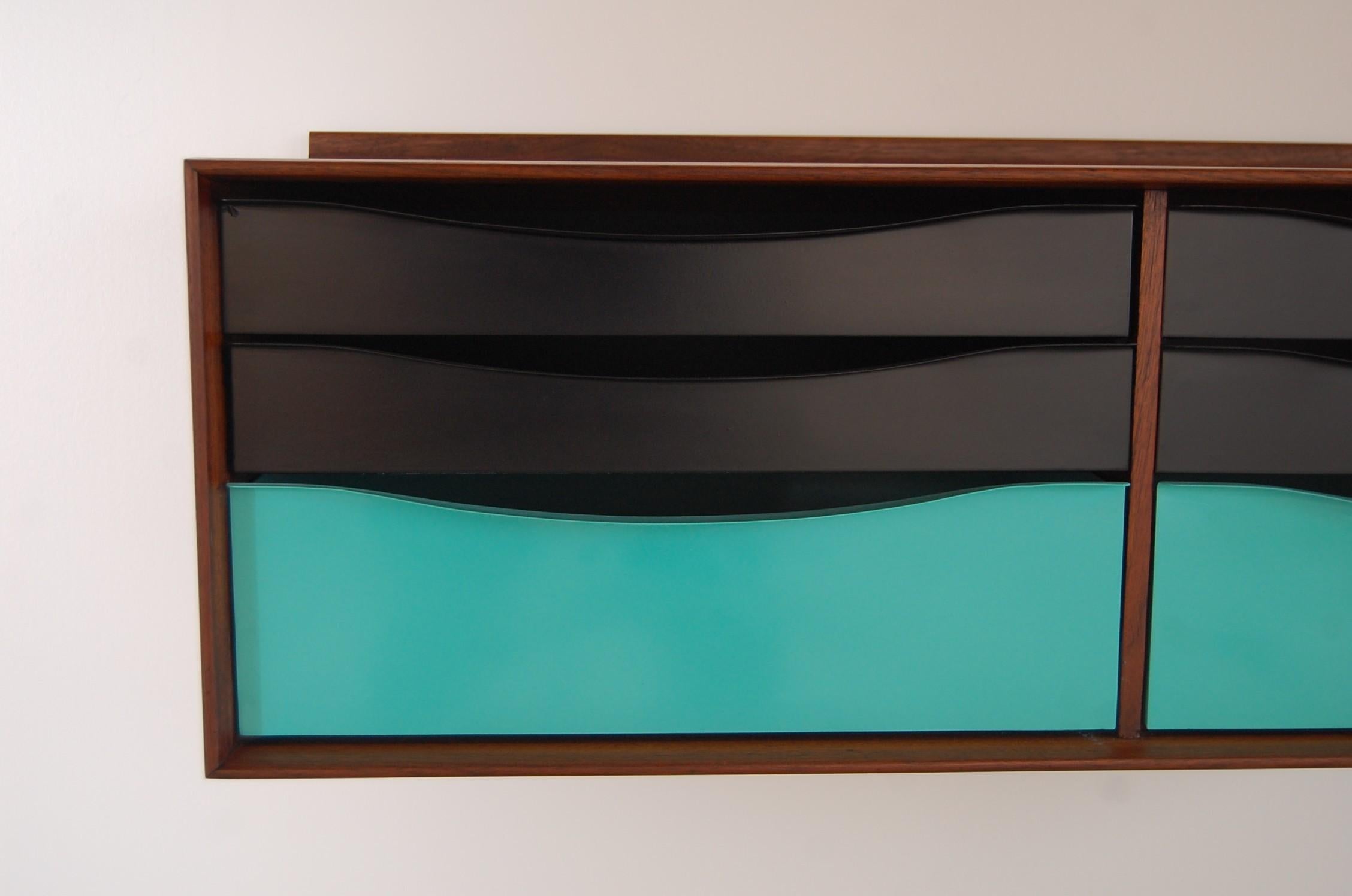 Wall Hanging Cabinet in Walnut and Lacquered Metal In Good Condition For Sale In Providence, RI