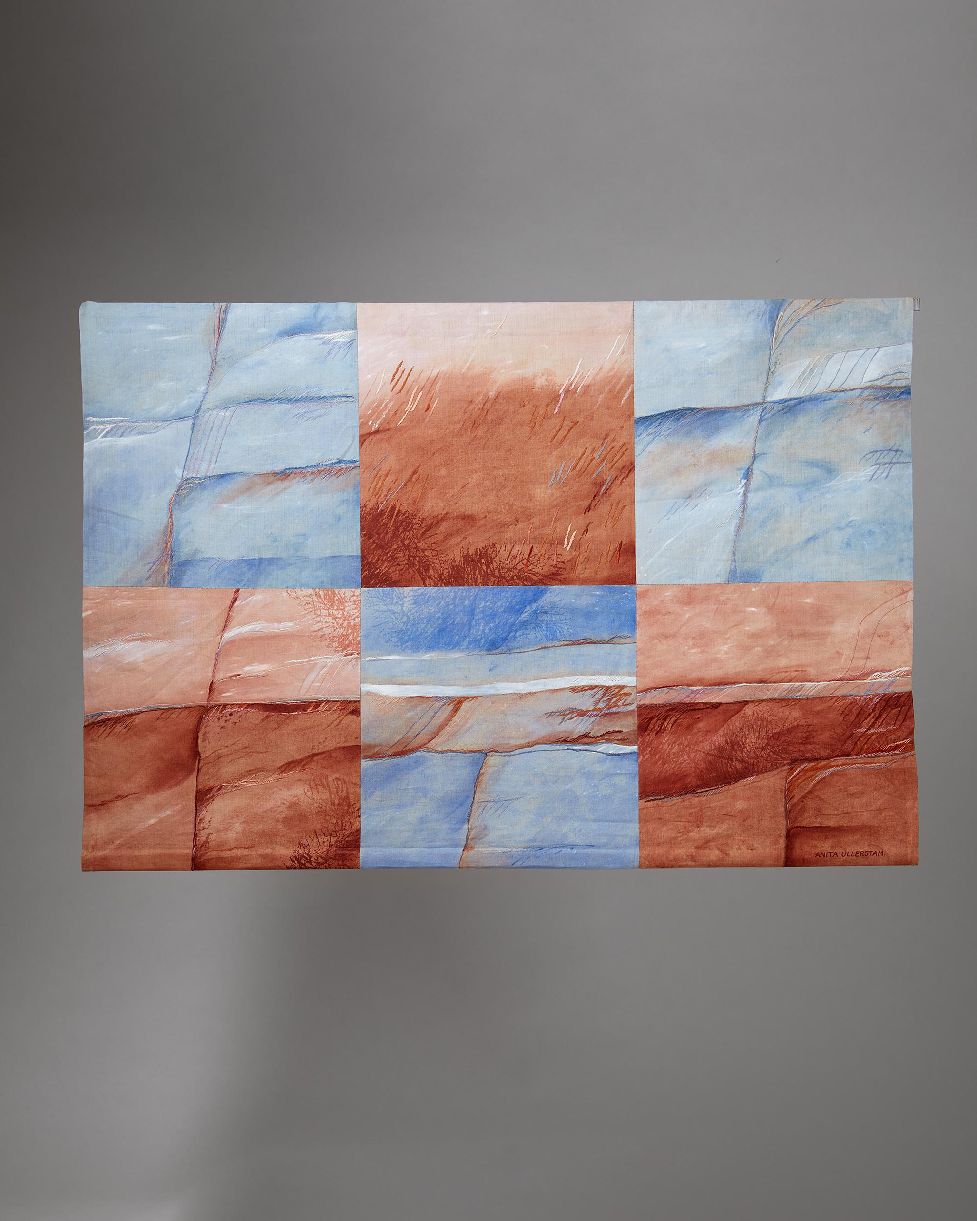 Wall hanging ‘Fragment’ designed by Anita Ullerstam,
Sweden, 1991.

Six pieces of fabric sewn together, polychrome printed and embroidered.

Dimensions: 
W: 157 cm/ 5'
H: 106 cm/ 3 1/2'