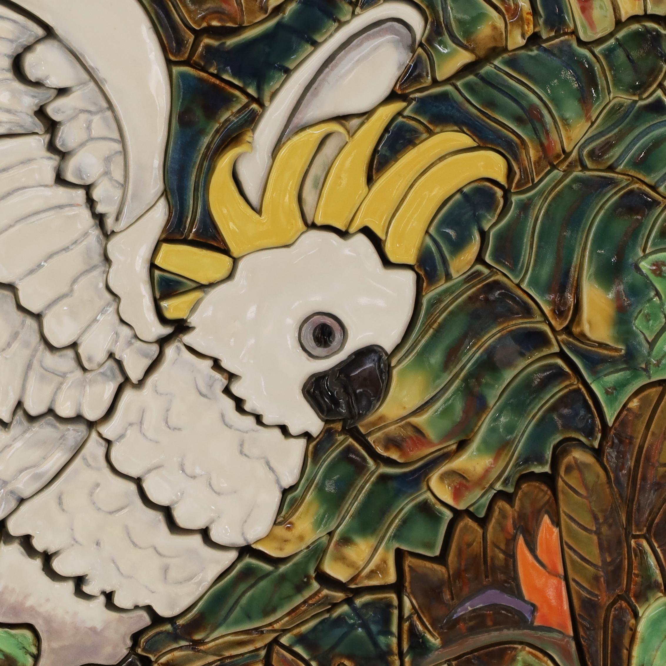 Mid-Century Modern Wall Hanging Jungle Mosaic Tile Panel with Cockatoo or Bird For Sale