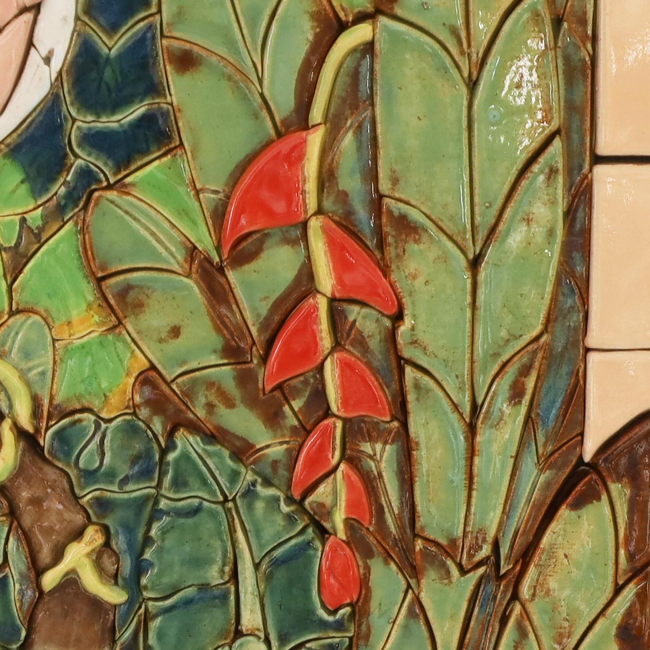 American Wall Hanging Jungle Mosaic Tile Panel with Cockatoo or Bird For Sale