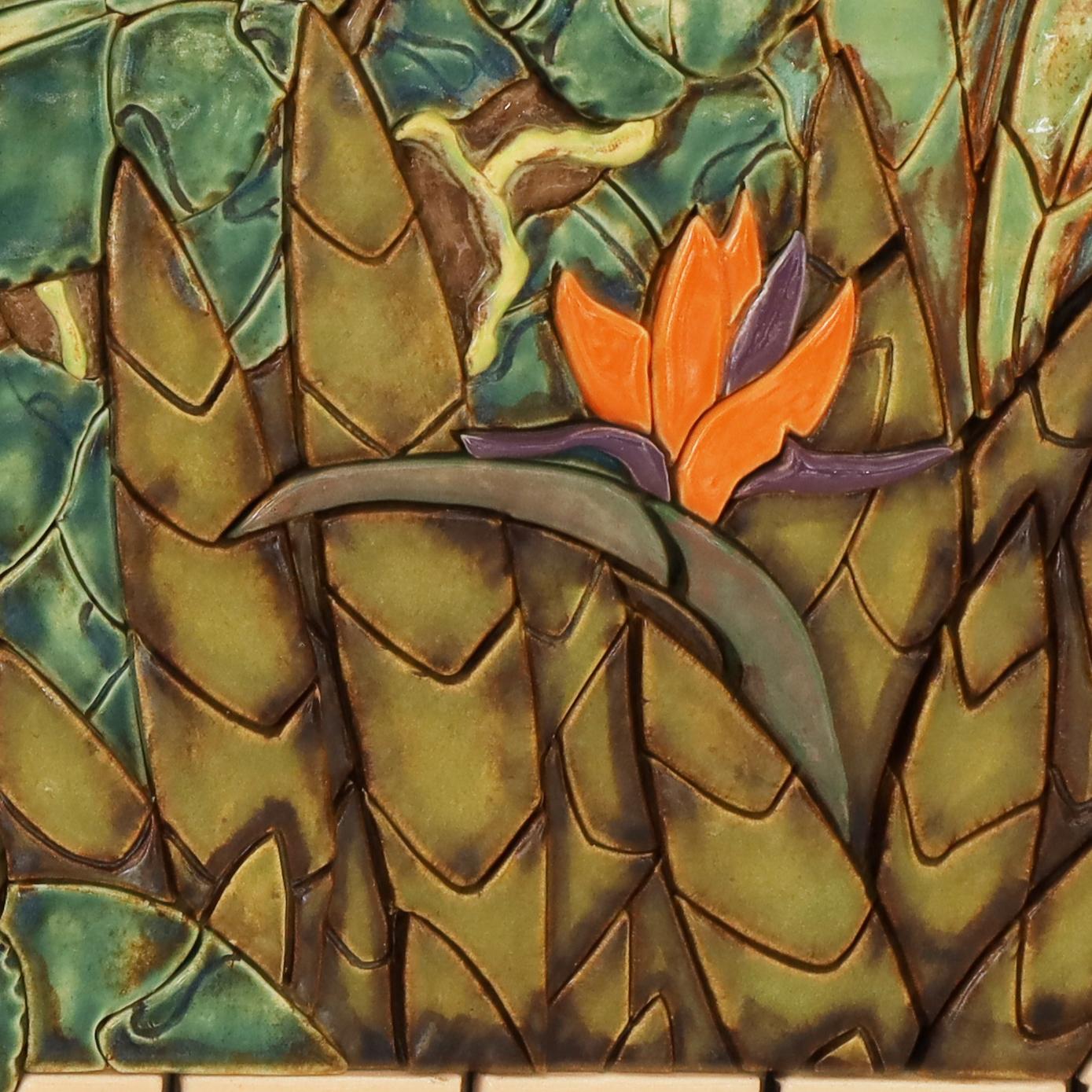 Fired Wall Hanging Jungle Mosaic Tile Panel with Cockatoo or Bird For Sale