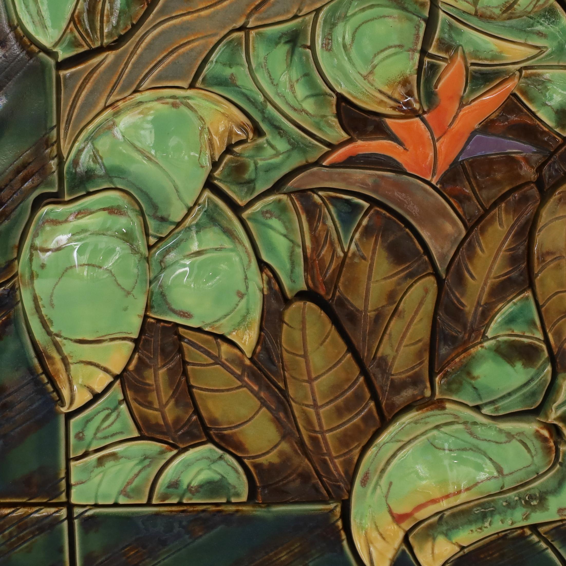 Fired Wall Hanging Jungle Mosaic Tile Panel with Cockatoo or Bird For Sale