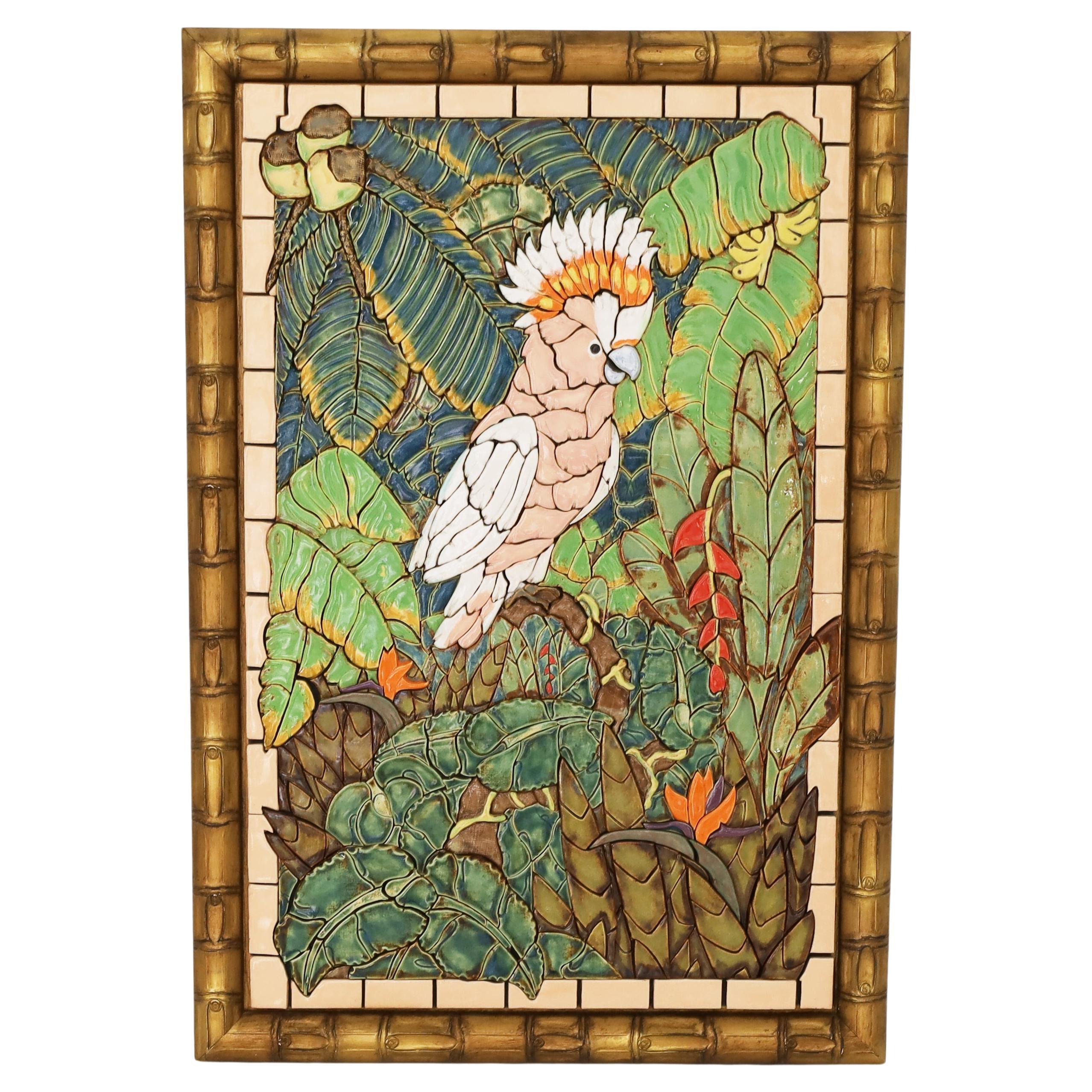 Wall Hanging Jungle Mosaic Tile Panel with Cockatoo or Bird For Sale