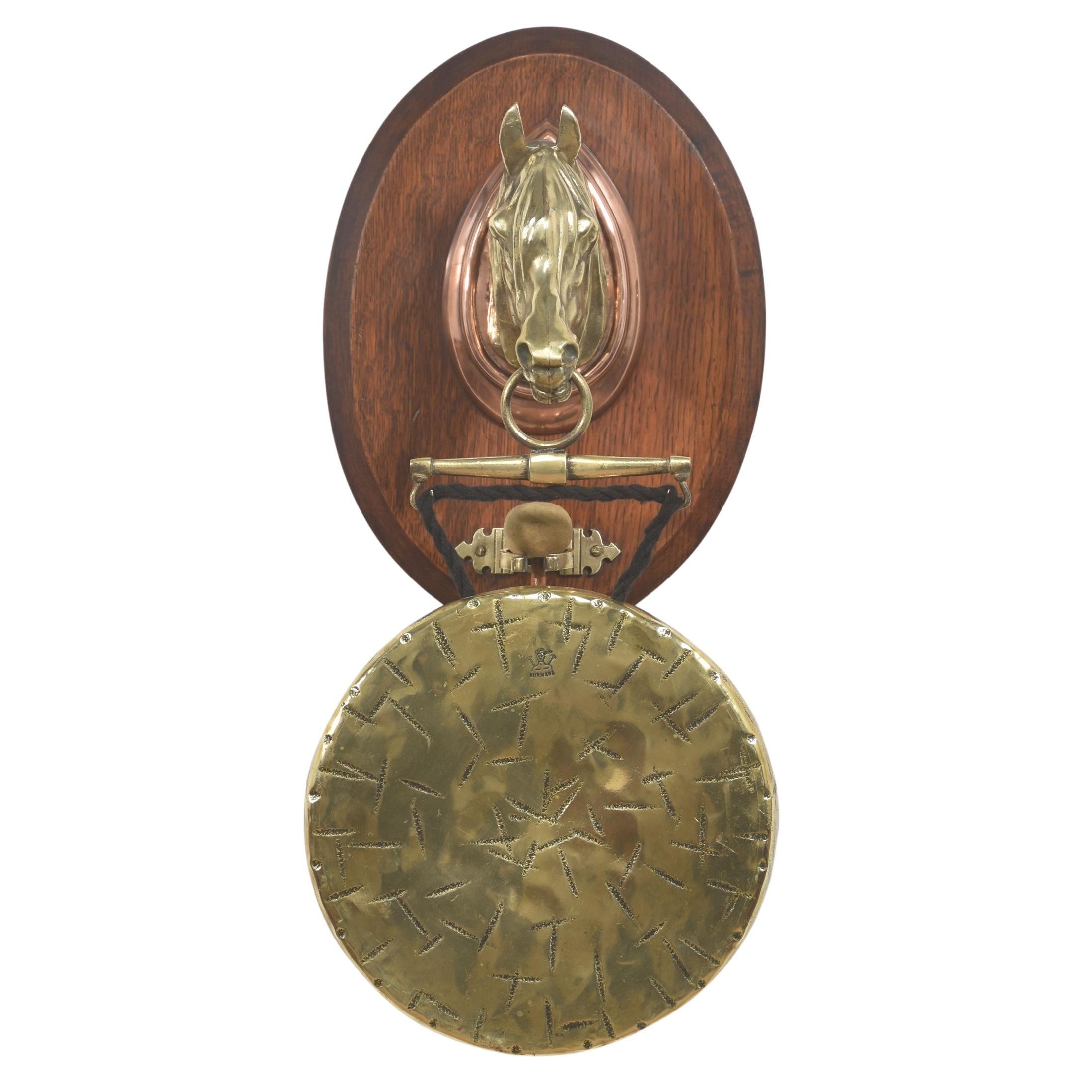 Wall-Hanging Oak Dinner Gong with Brass Horse Head Mount