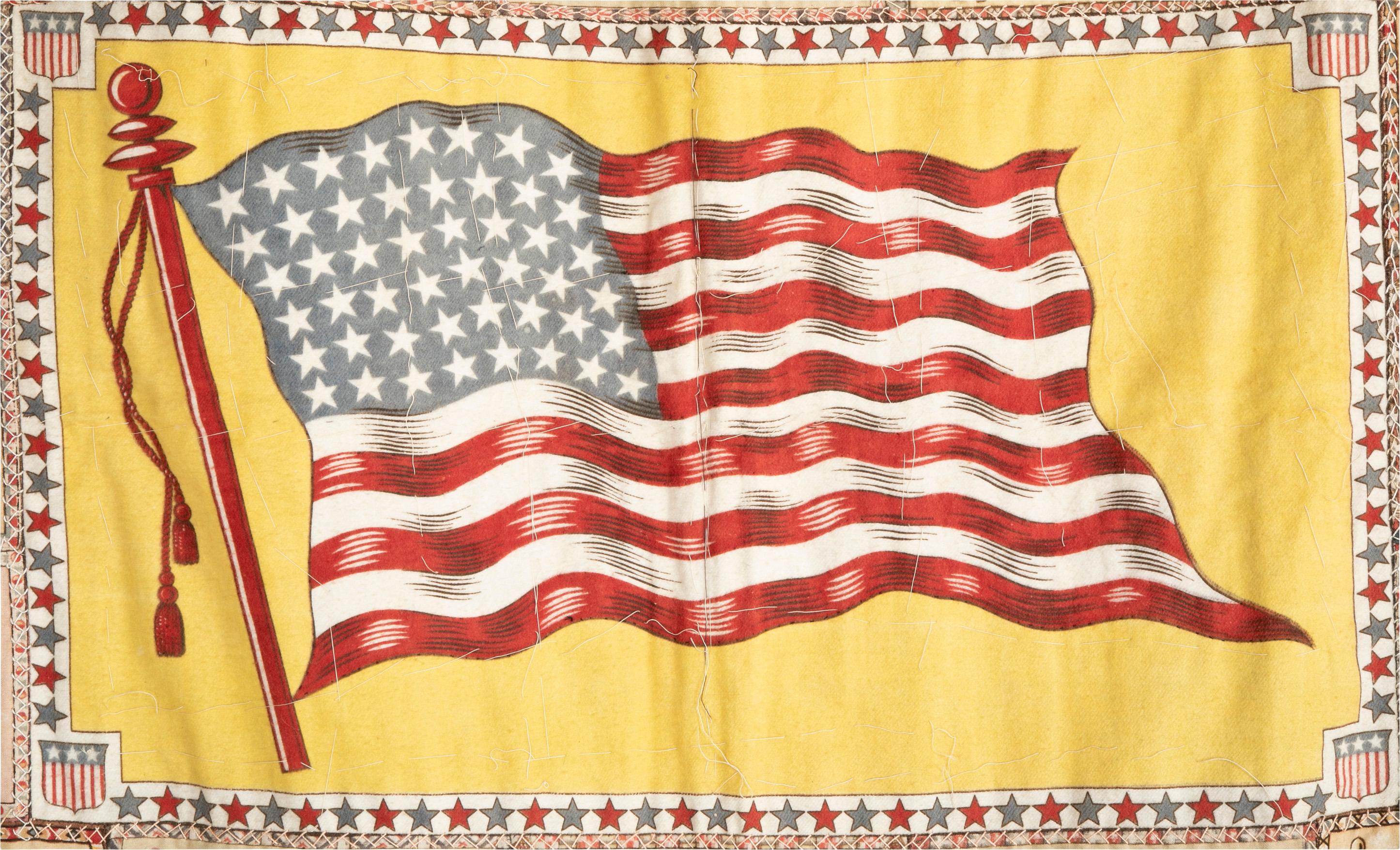 Wall hanging composed of painted felt flags included in cigar packages in the early 20th century, circa 1900-1915.