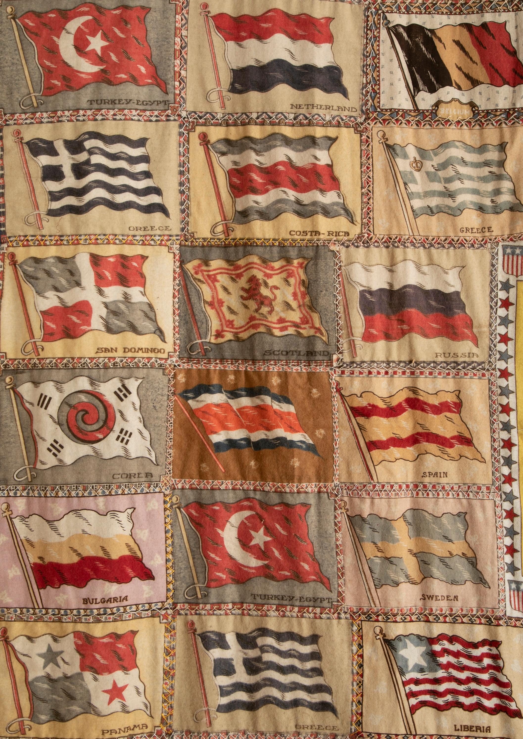 Folk Art Wall Hanging / Quilt Composed of Cigar Box Painted Felt Flags For Sale