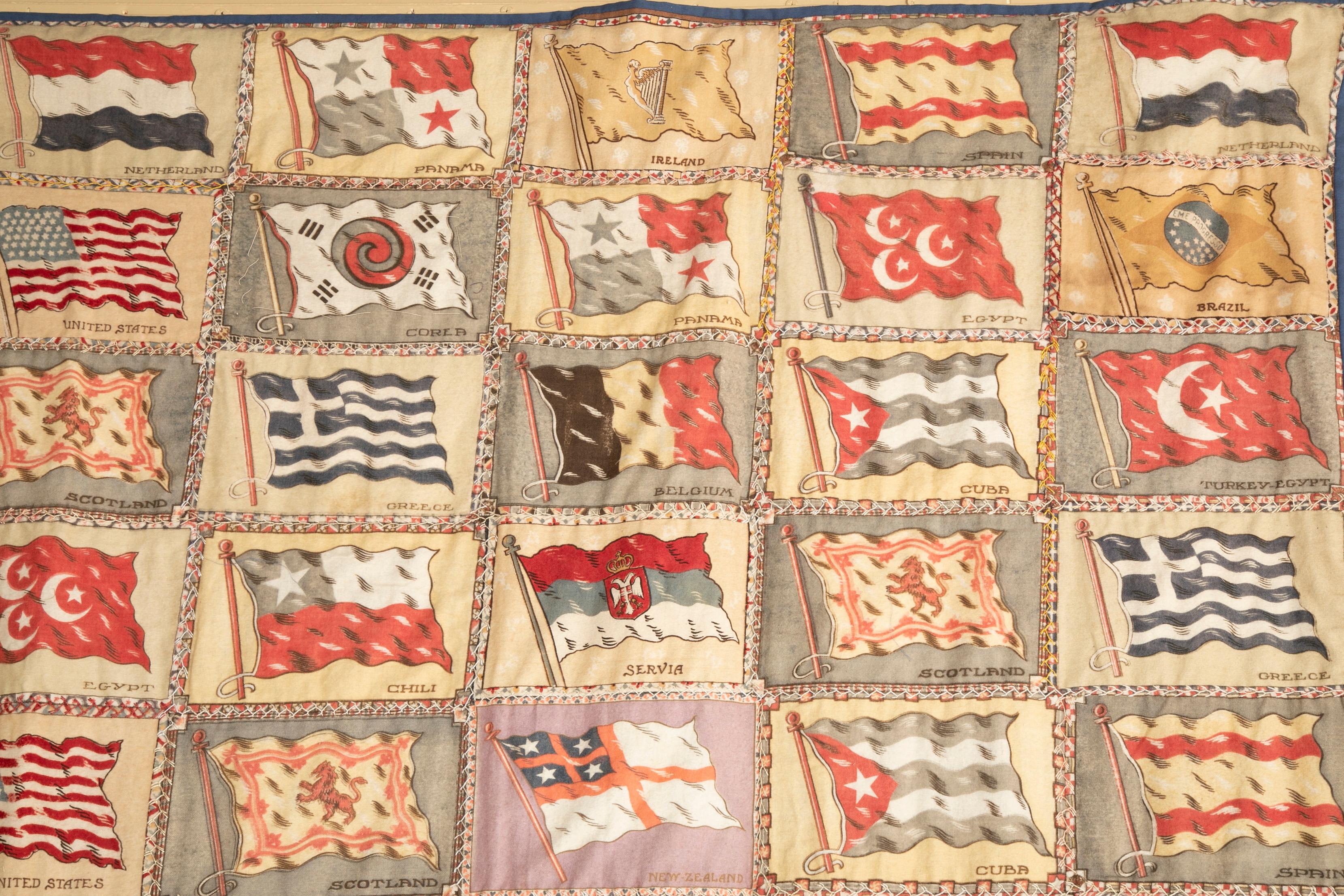 Wall Hanging / Quilt Composed of Cigar Box Painted Felt Flags In Good Condition For Sale In Stamford, CT