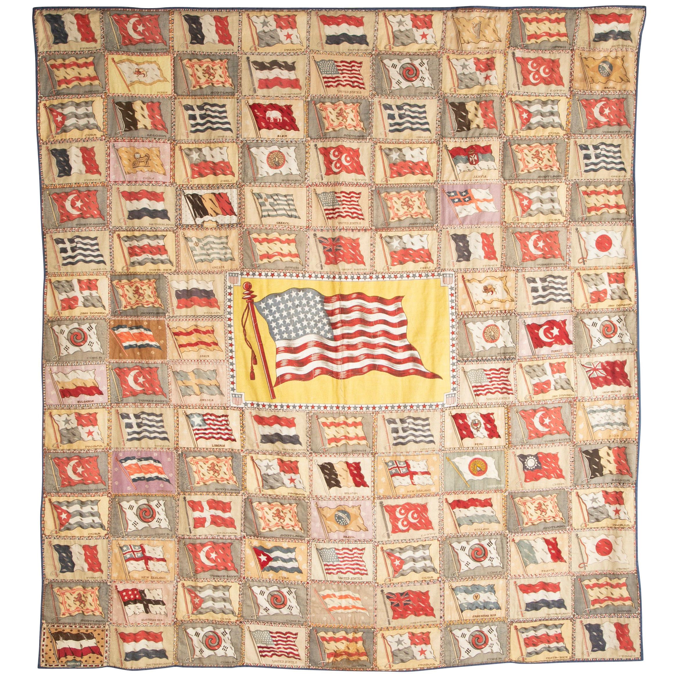 Wall Hanging / Quilt Composed of Cigar Box Painted Felt Flags