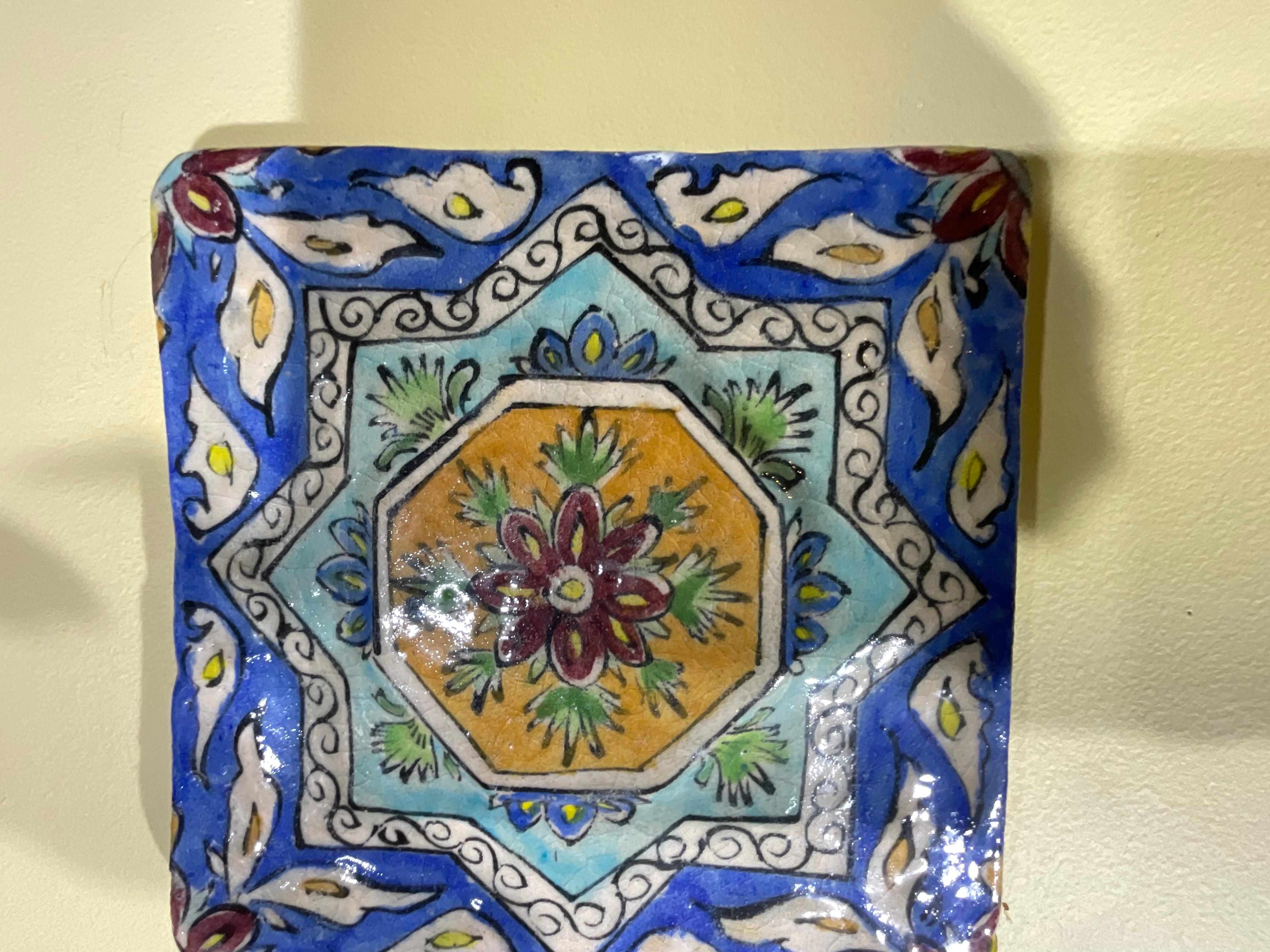 Wall Hanging Vintage Square Embossed Persian Tile In Good Condition For Sale In Delray Beach, FL