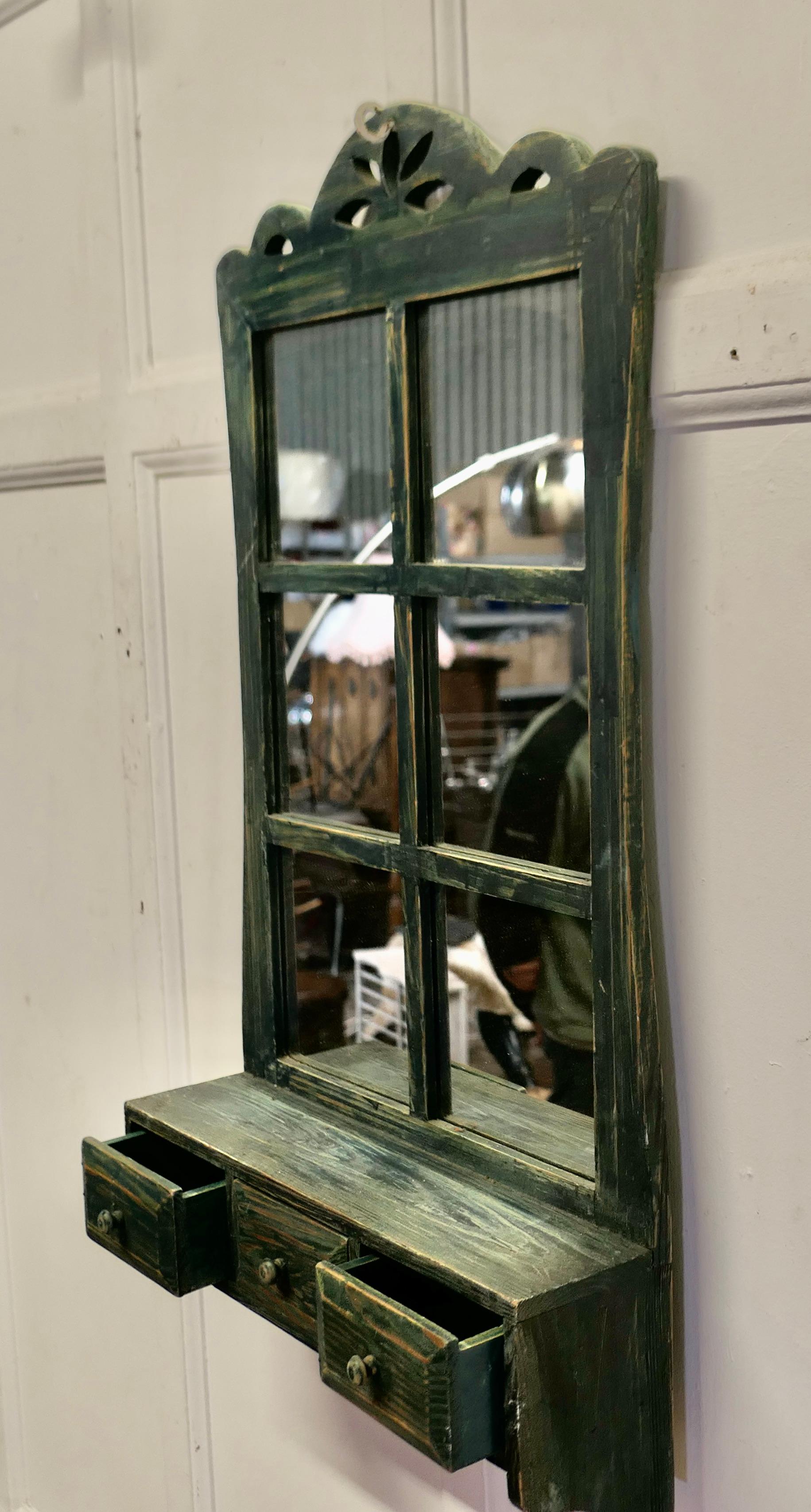 Pine Wall Hanging Window Mirror with Drawers, Cloakroom or Bathroom    For Sale