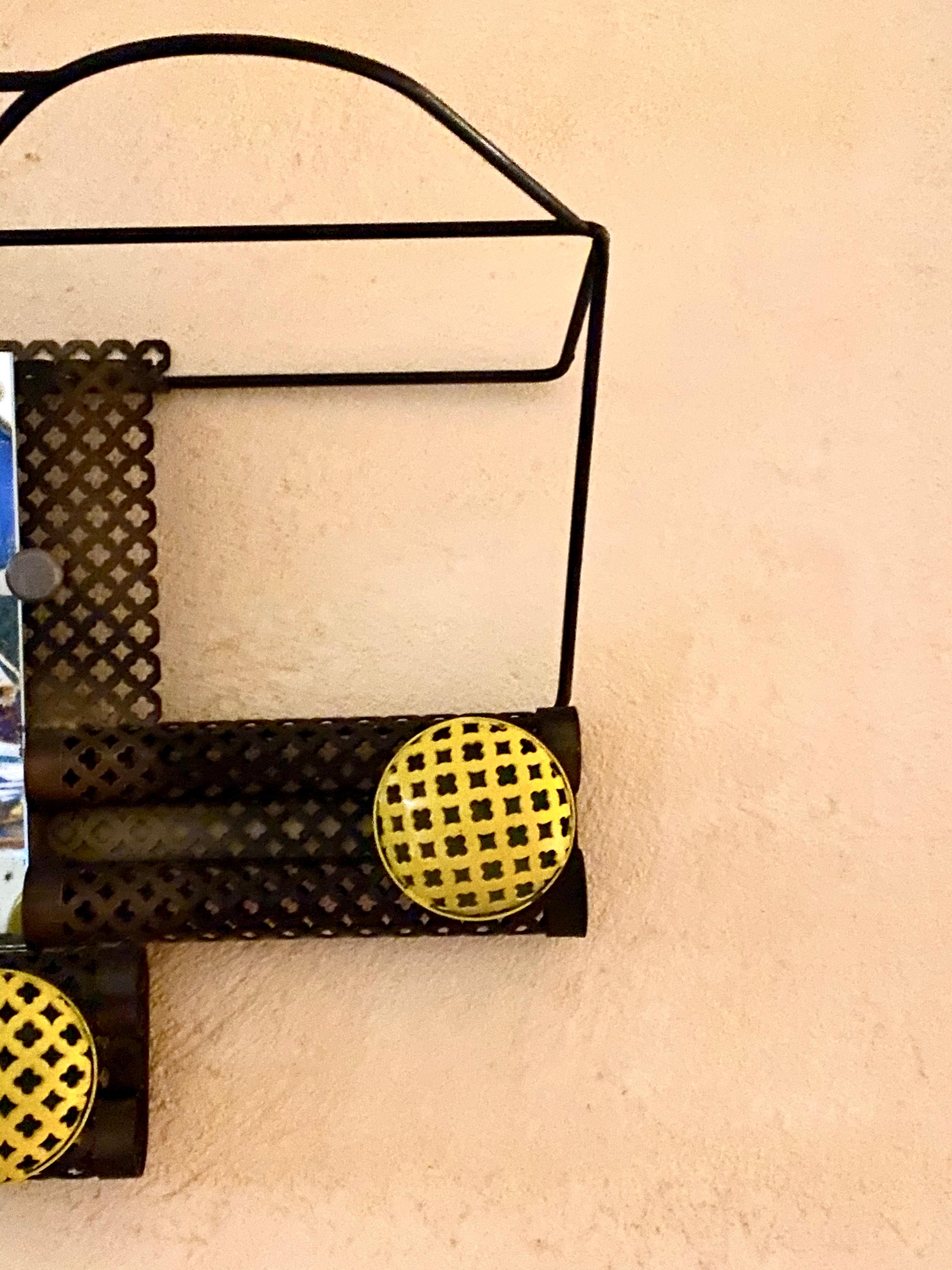 Wall Hat- Coat Rack with Mirror in Black and Yellow by Mathieu Matégot, 1950s For Sale 2