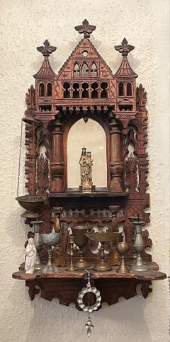 Wall House Altar with Accessories 19th Century Black Forest Wood Carved