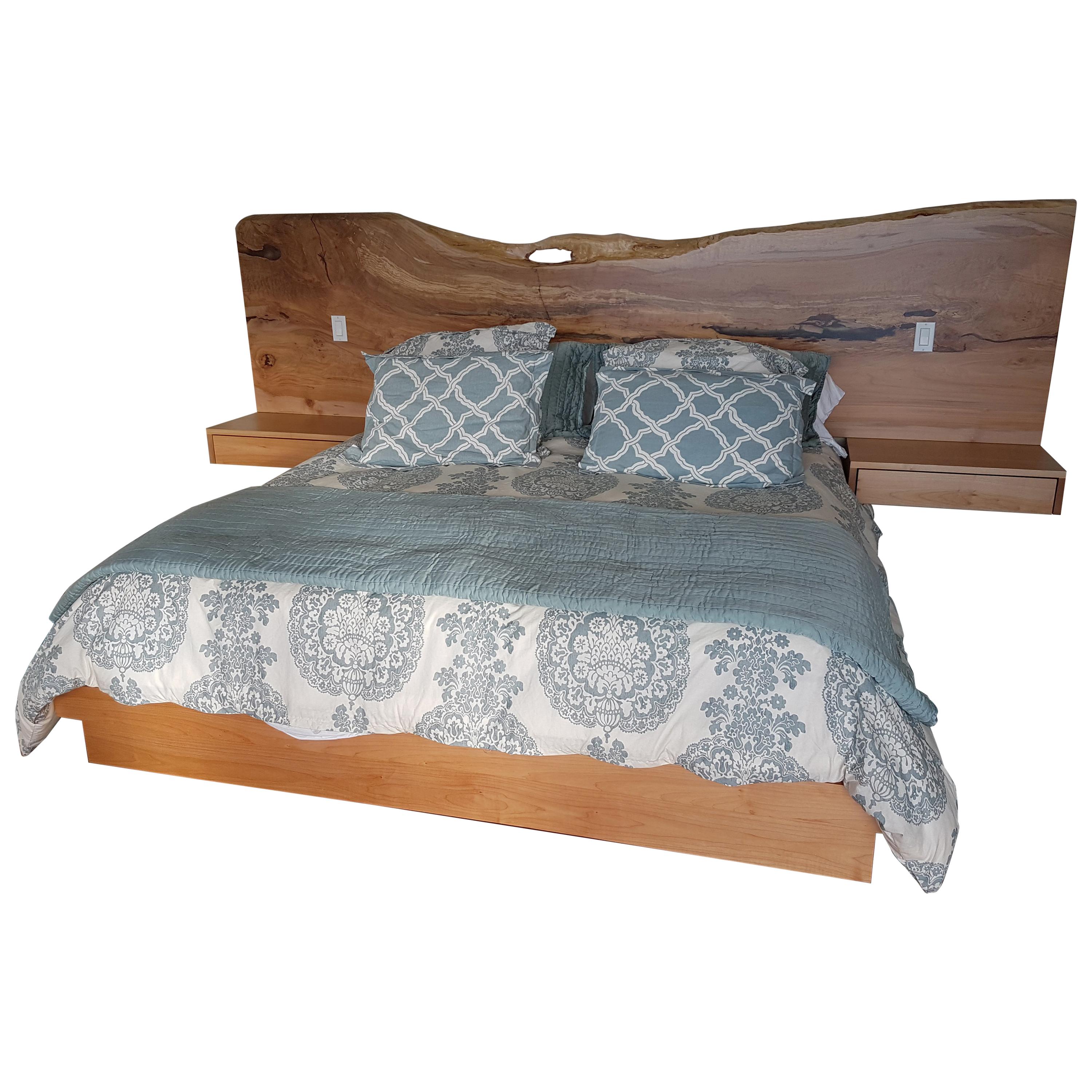 Wall Hung Headboard with Attached Nightstands For Sale