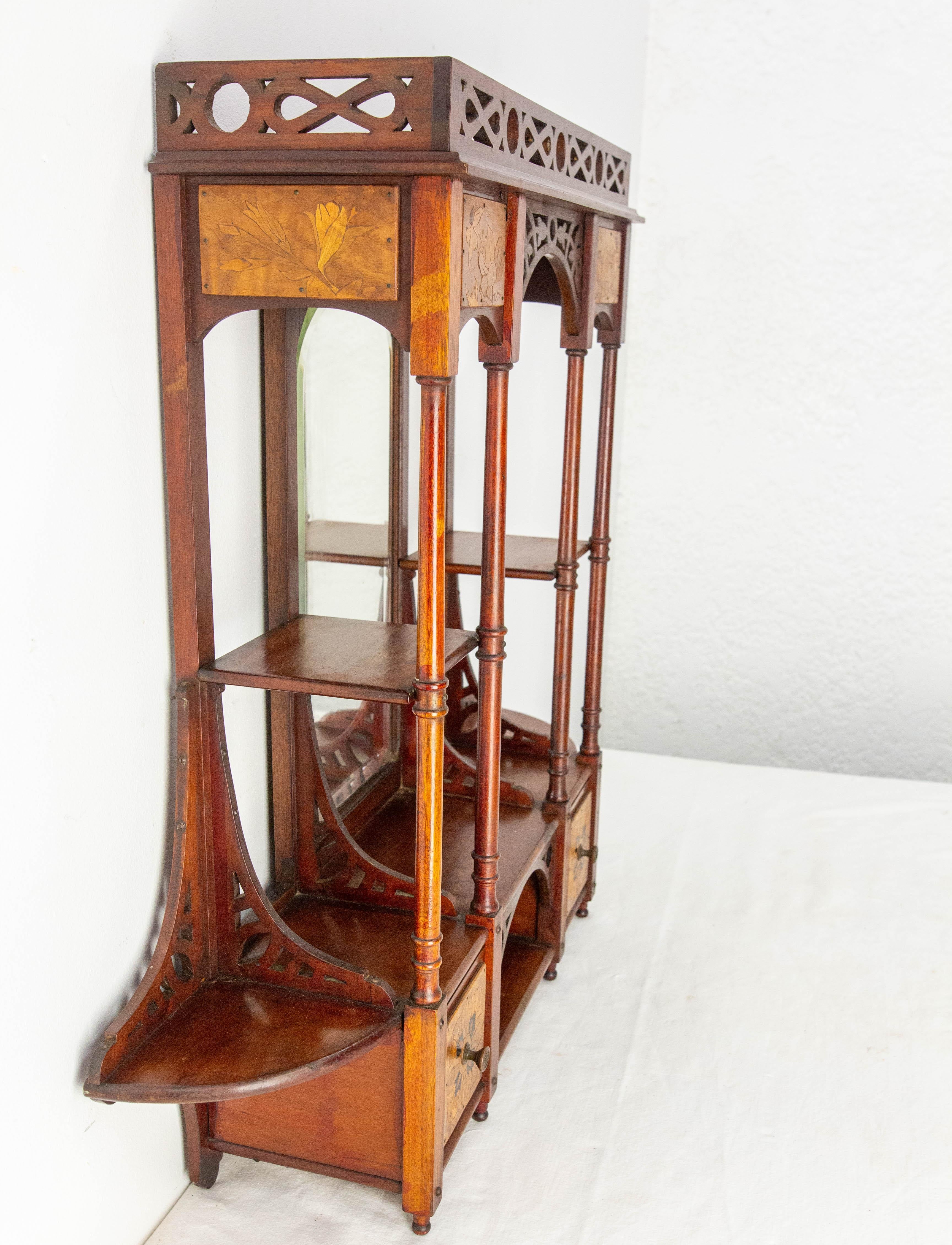 Mensole a muro in Wood Iroko con specchio smussato e intarsio Art Nouveau Fine Ottocento in vendita 7