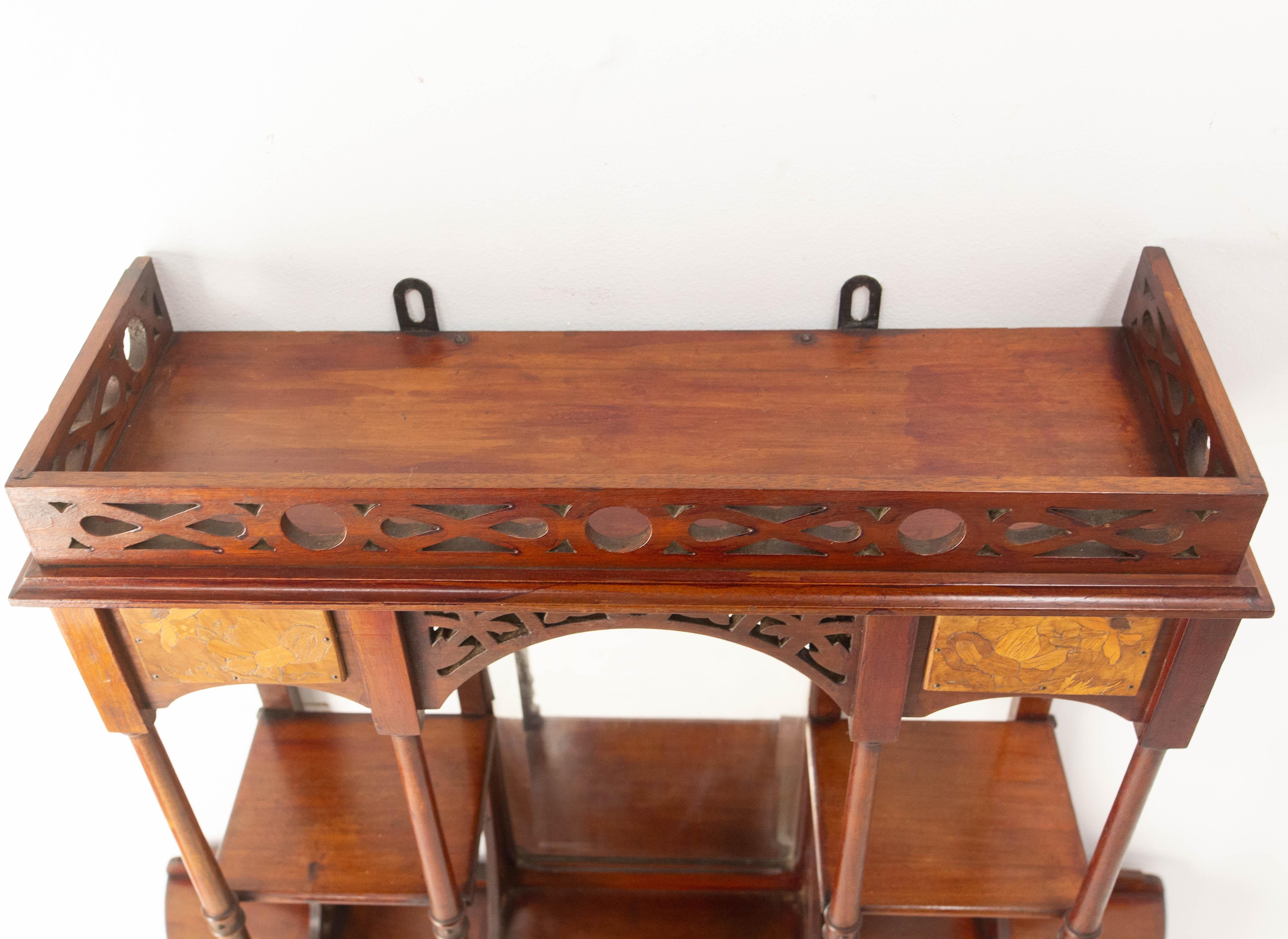 Mensole a muro in Wood Iroko con specchio smussato e intarsio Art Nouveau Fine Ottocento in vendita 11