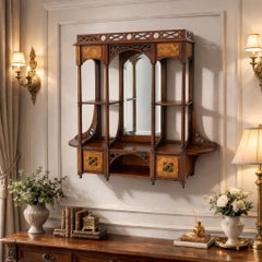 Wall Iroko Wood Shelves Beveled Mirror & Marquetry Art Nouveau Late 19th Century