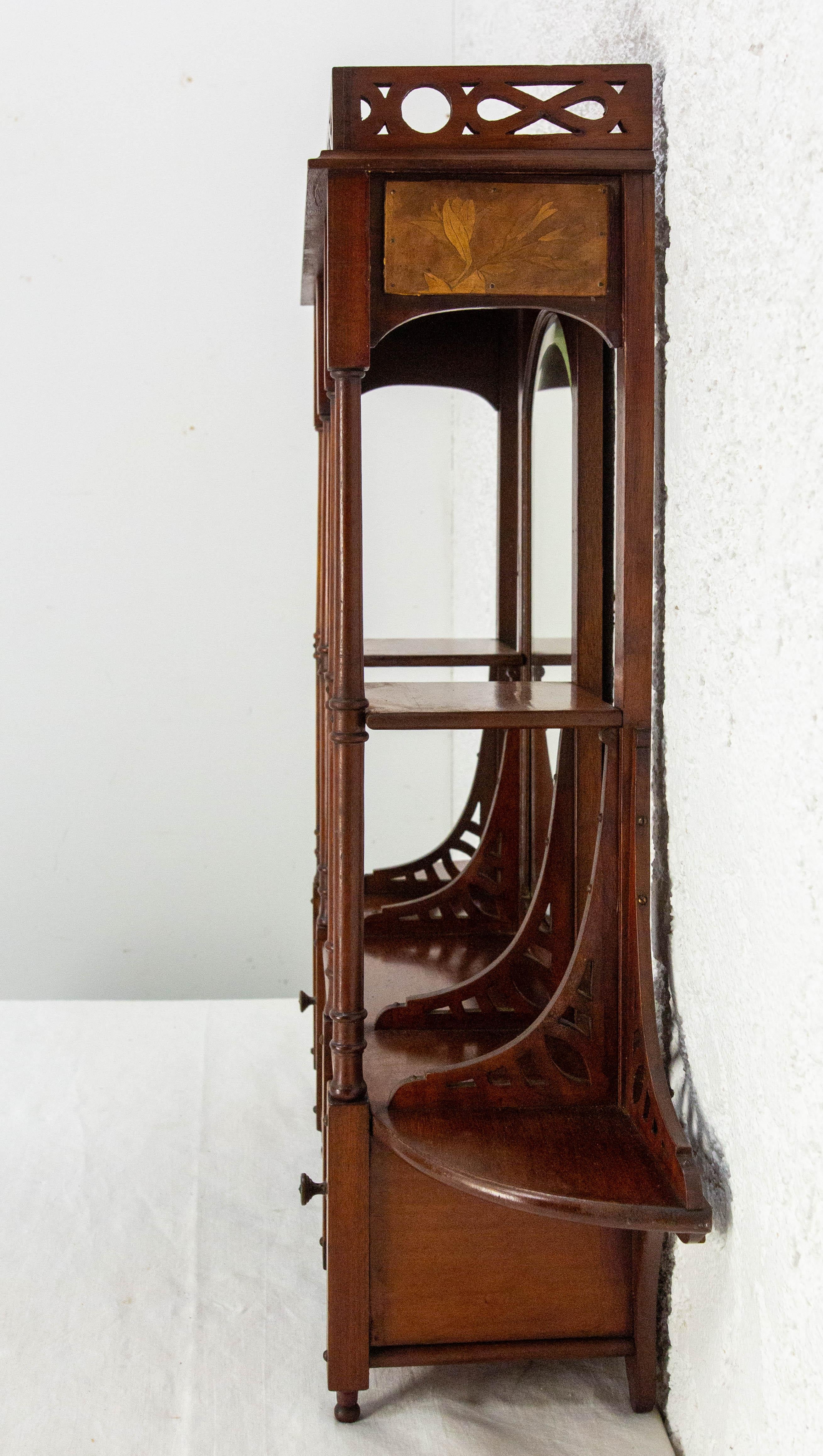 Mensole a muro in Wood Iroko con specchio smussato e intarsio Art Nouveau Fine Ottocento In condizioni buone in vendita a Labrit, Landes