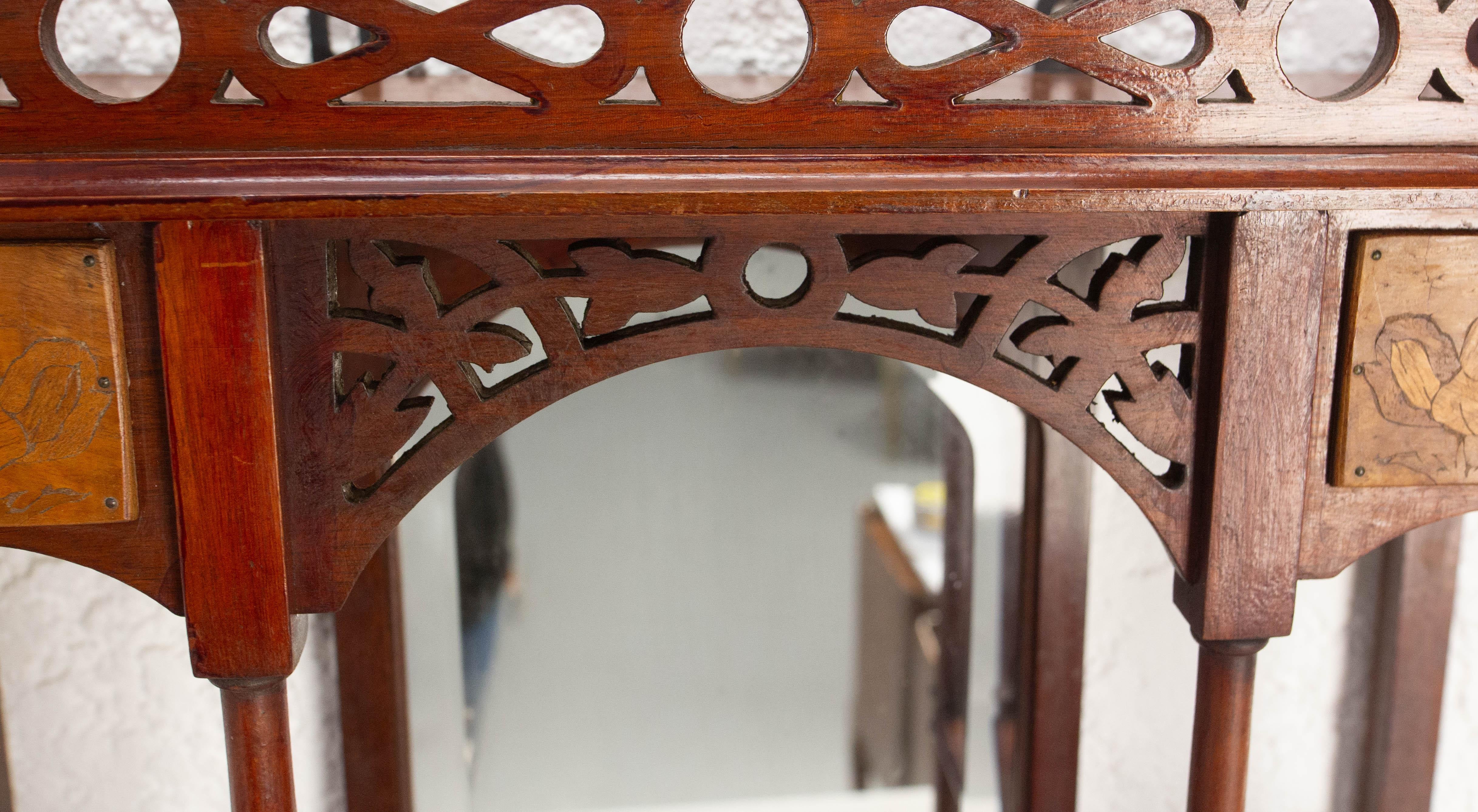 Ottone Mensole a muro in Wood Iroko con specchio smussato e intarsio Art Nouveau Fine Ottocento in vendita