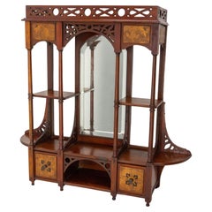 Wall Iroko Wood Shelves Beveled Mirror & Marquetry Art Nouveau Late 19th Century