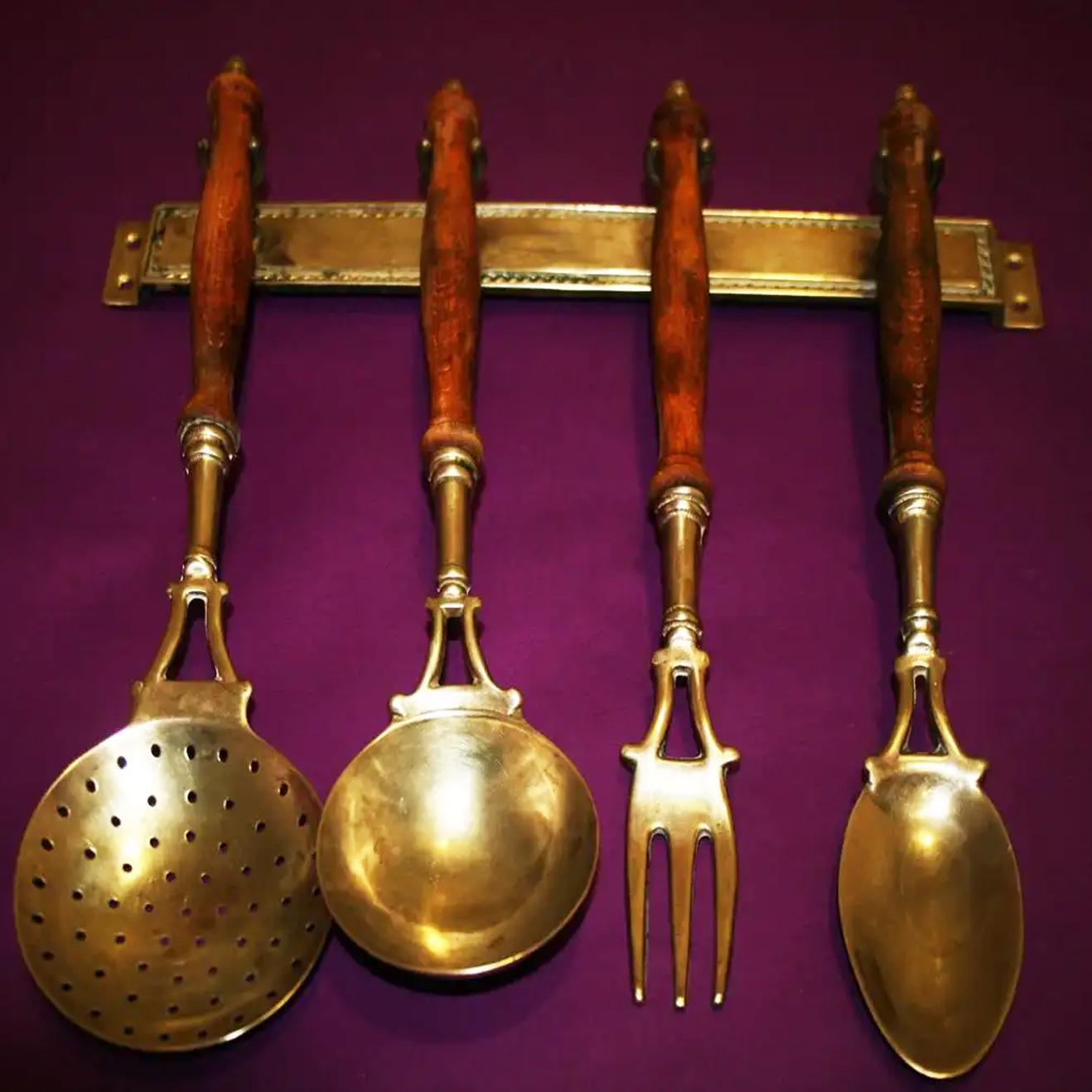 Old Kitchen Utensils Made of Brass with Hanging Bar, Early 20th Century