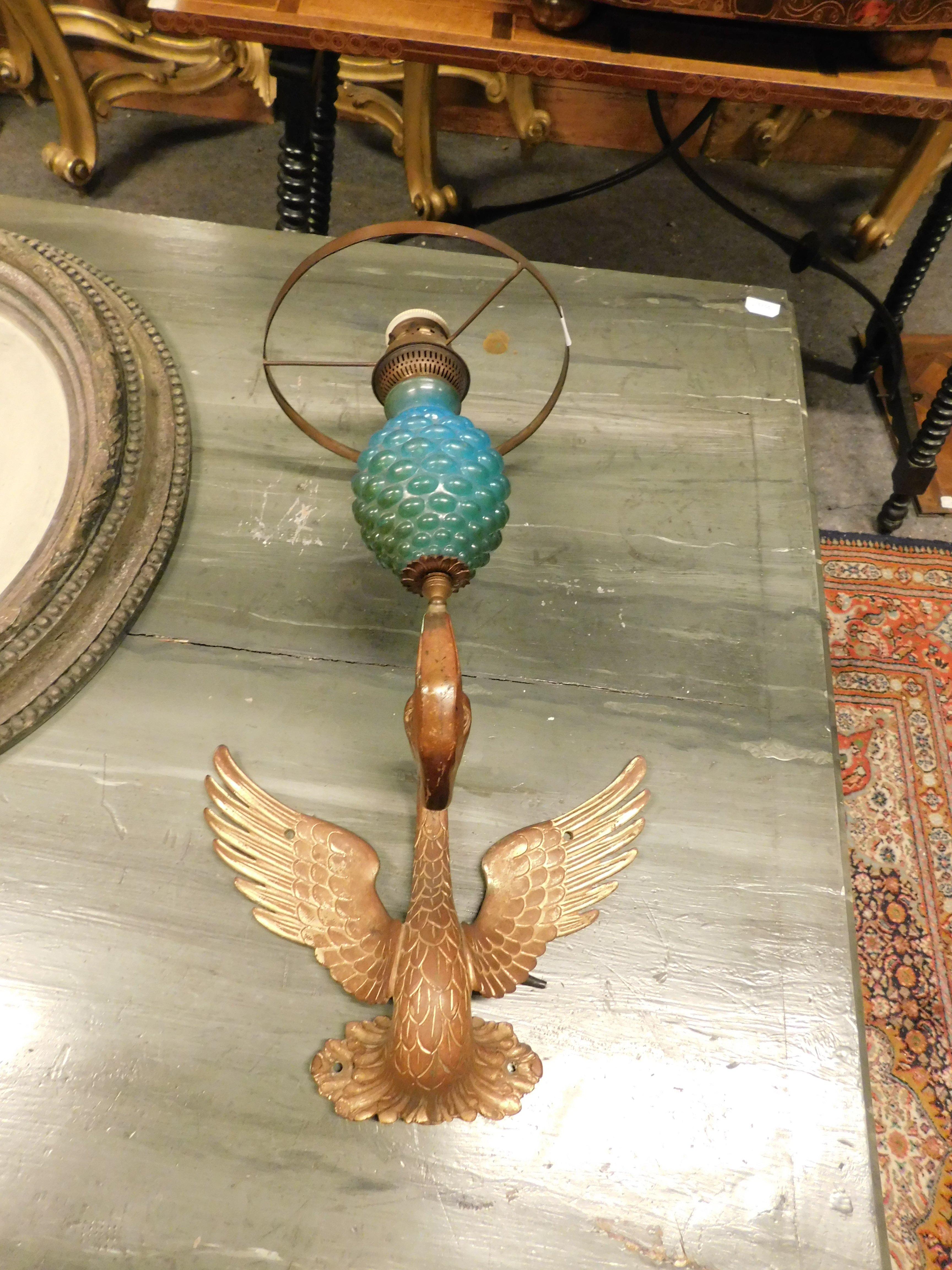 Italian Wall lamp, appliques in gilded bronze and blue opaline glass, liberty art noveau For Sale
