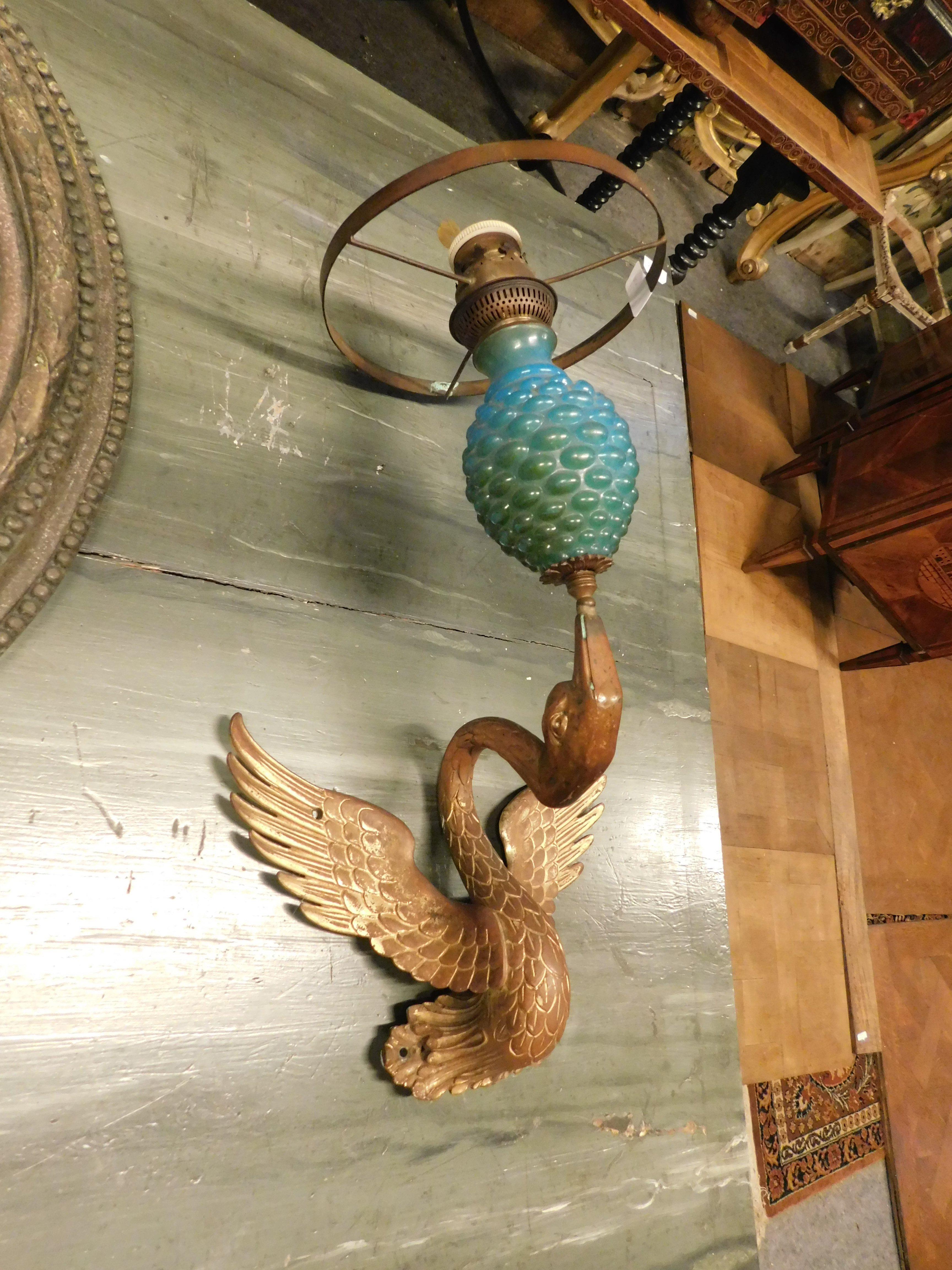 Wall lamp, appliques in gilded bronze and blue opaline glass, liberty art noveau In Good Condition For Sale In Cuneo, Italy (CN)