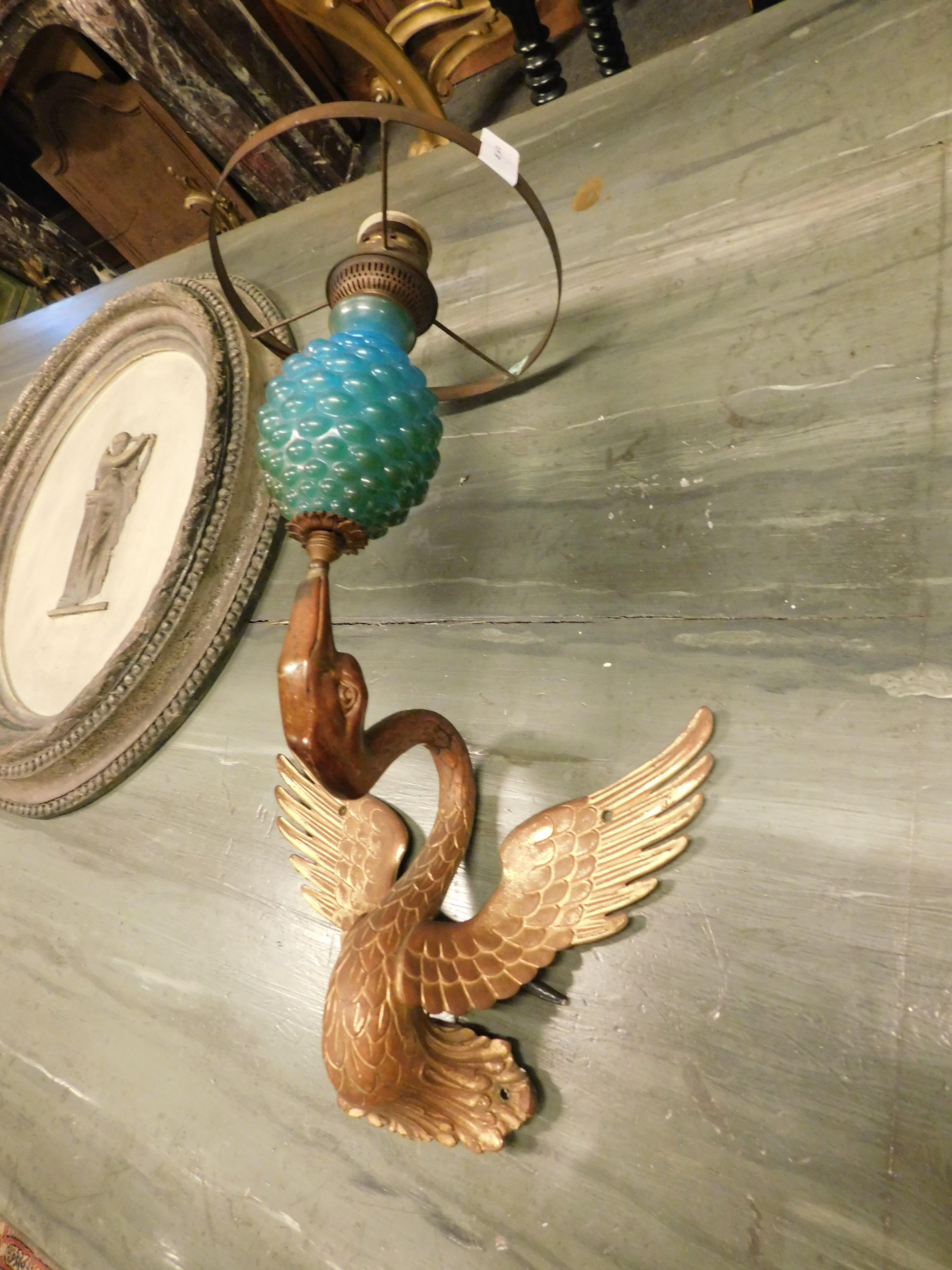 Brass Wall lamp, appliques in gilded bronze and blue opaline glass, liberty art noveau For Sale