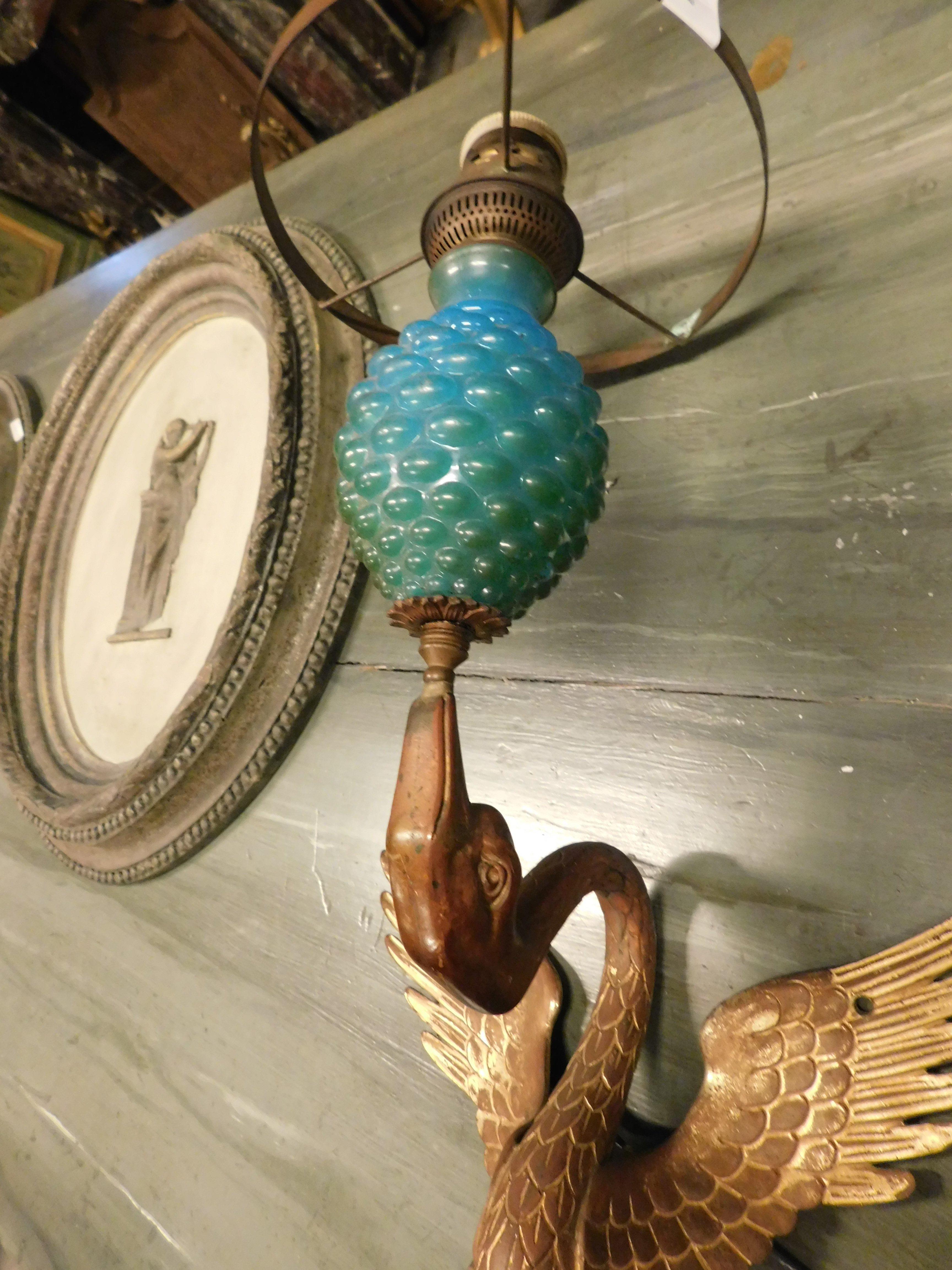 Wall lamp, appliques in gilded bronze and blue opaline glass, liberty art noveau For Sale 1