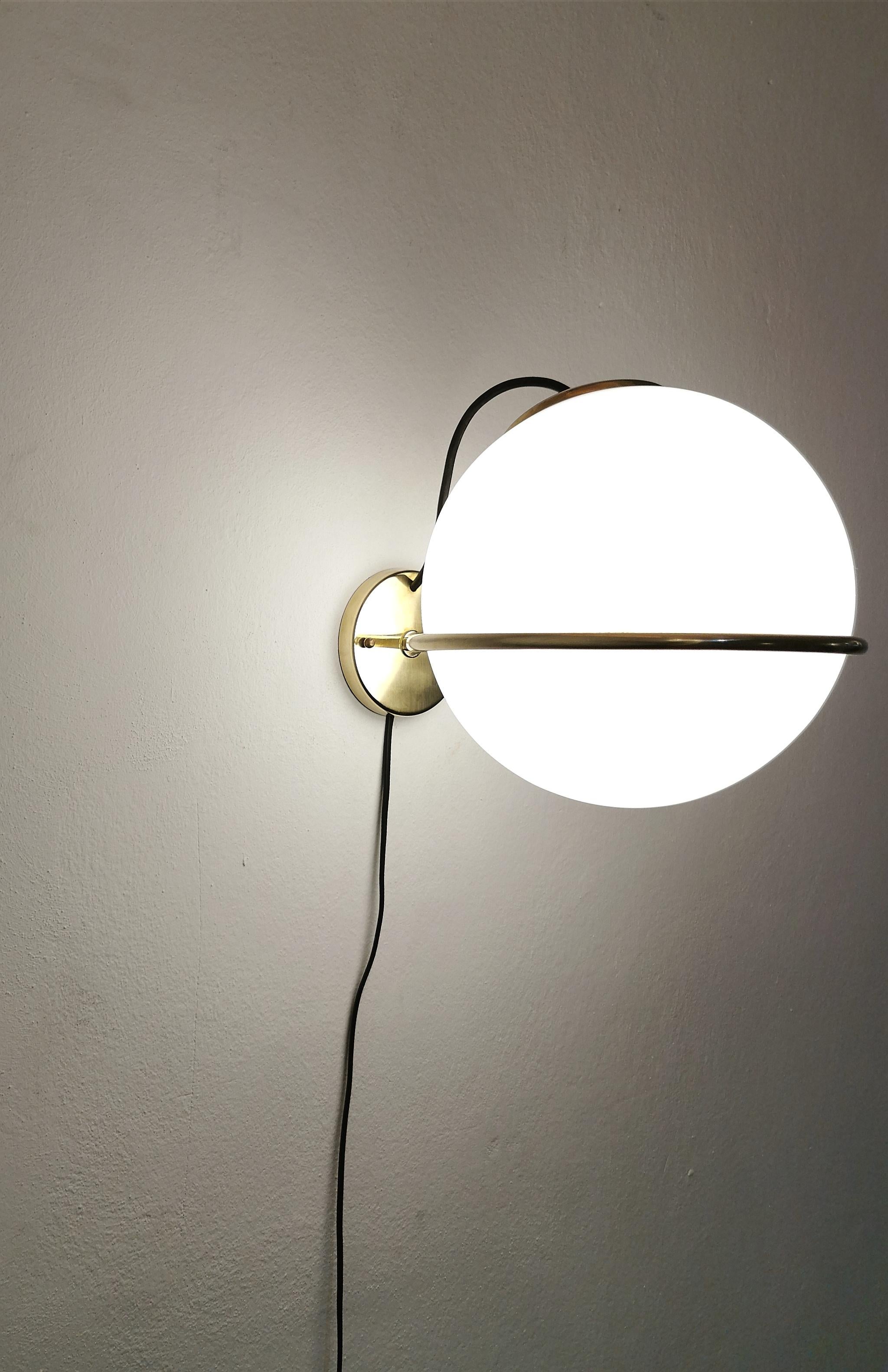 20th Century Wall Light Sconce Wall Lamp Brass White Glass Midcentury Italian Design, 1960s For Sale