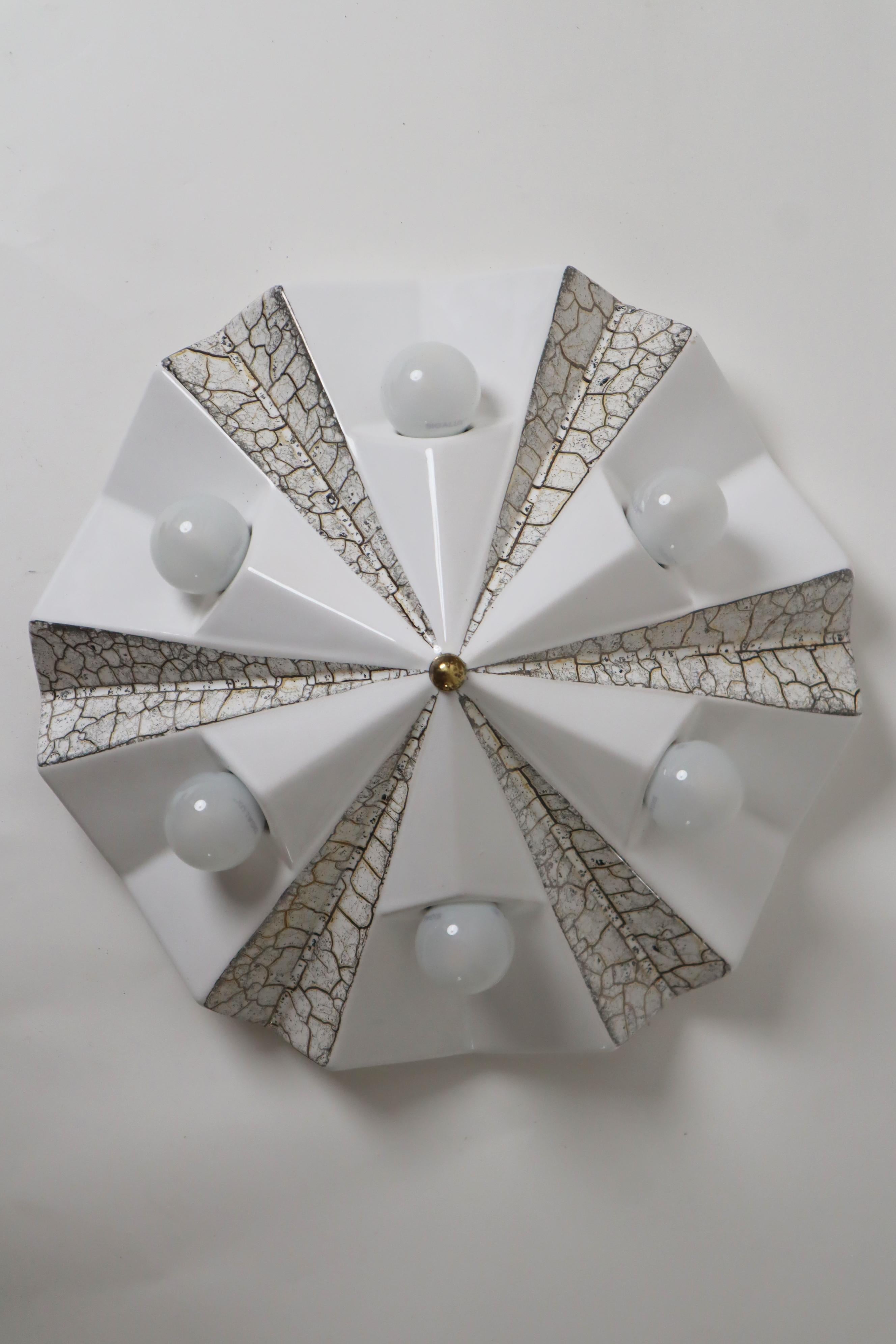 Painted Wall lamp by Pan ceramic in the shape of a white golden star, Germany 1970s For Sale