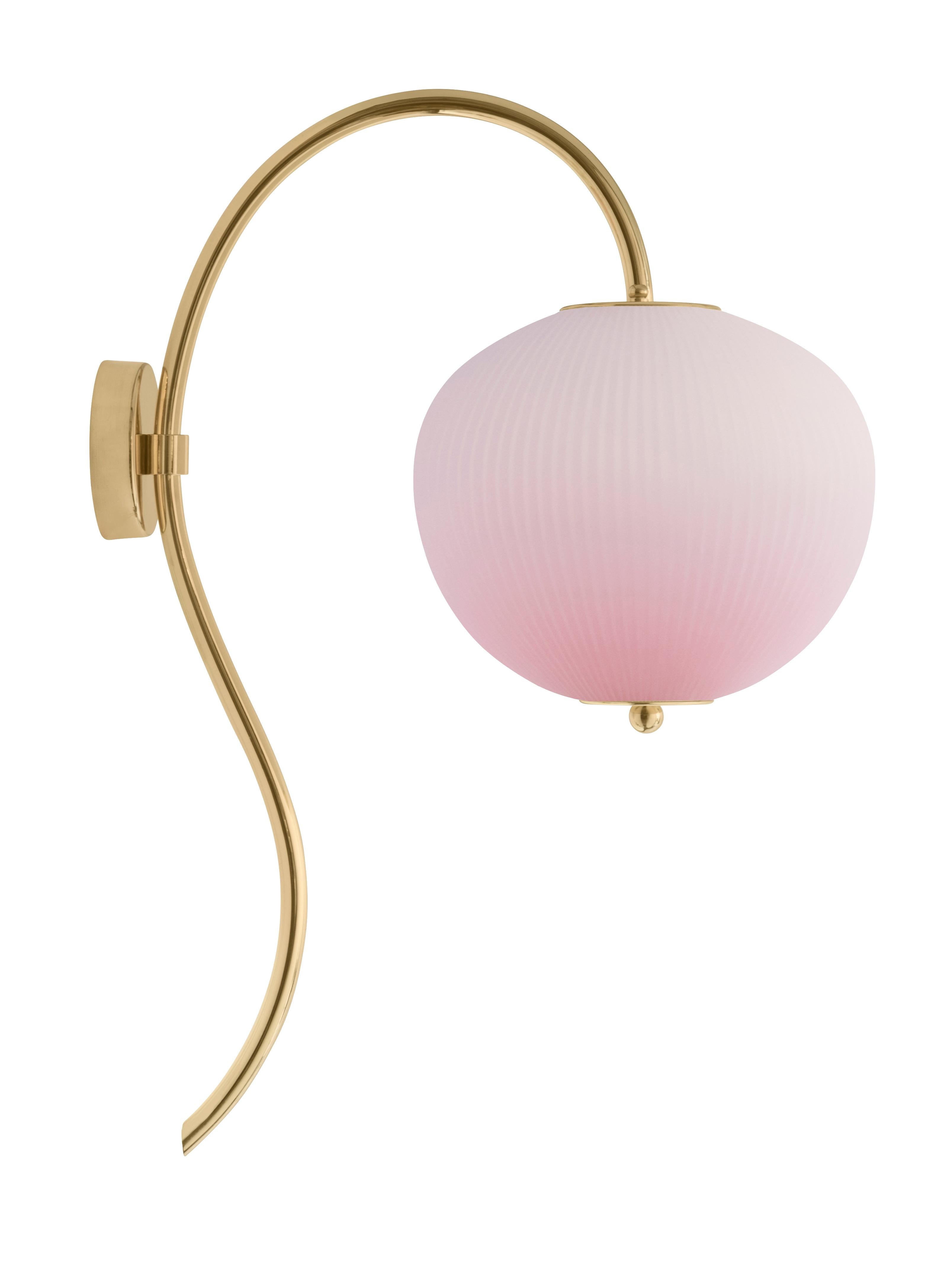 Wall lamp China 03 by Magic Circus Editions
Dimensions: H 62 x W 26.2 x D 41.5 cm
Materials: Brass, mouth blown glass sculpted with a diamond saw
Colour: soft rose

Available finishes: Brass, nickel
Available colours: enamel soft white, soft