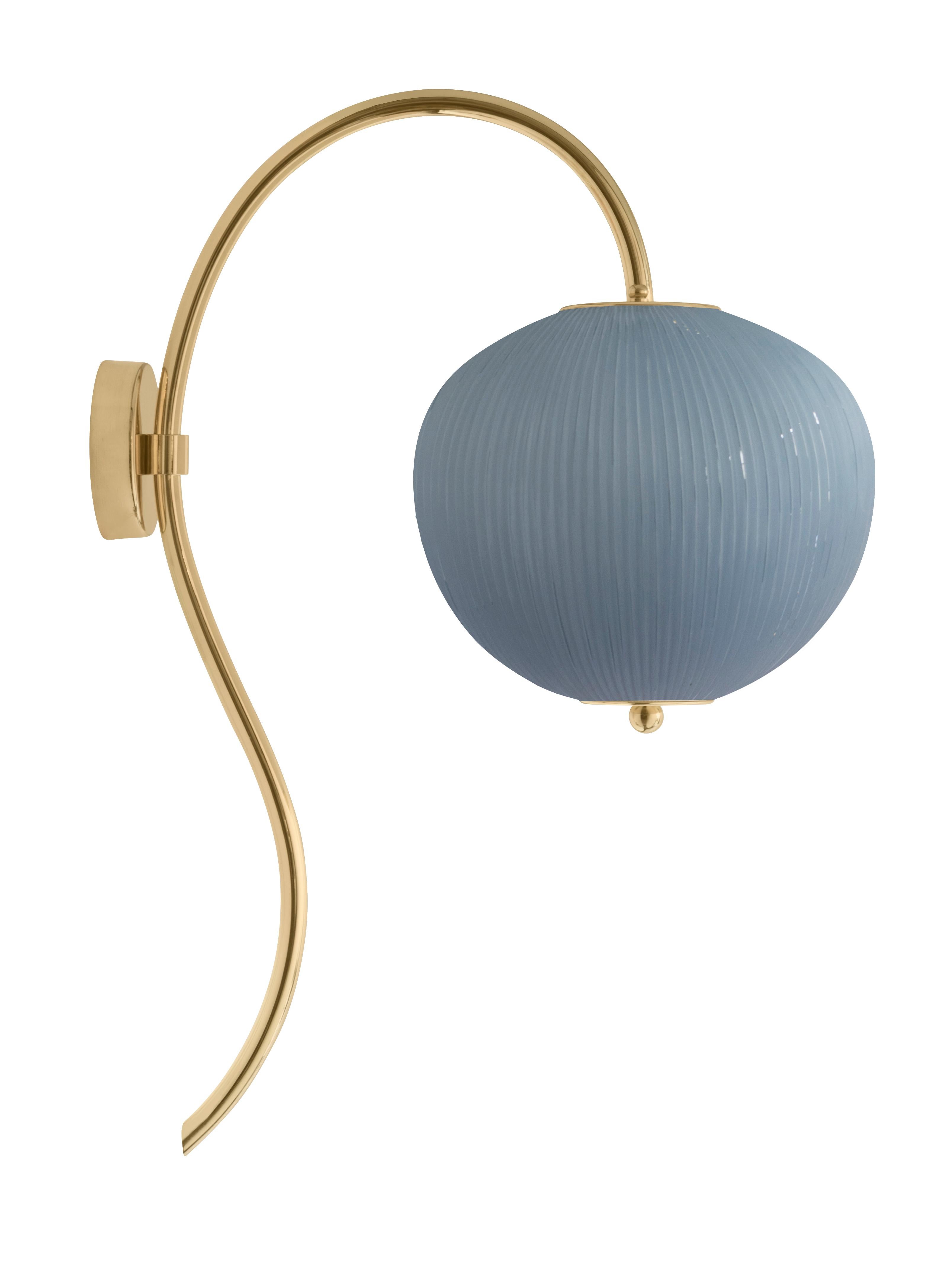 Wall lamp china 03 by Magic Circus Editions
Dimensions: H 62 x W 26.2 x D 41.5 cm
Materials: Brass, mouth blown glass sculpted with a diamond saw
Colour: opal grey

Available finishes: Brass, nickel
Available colours: enamel soft white, soft