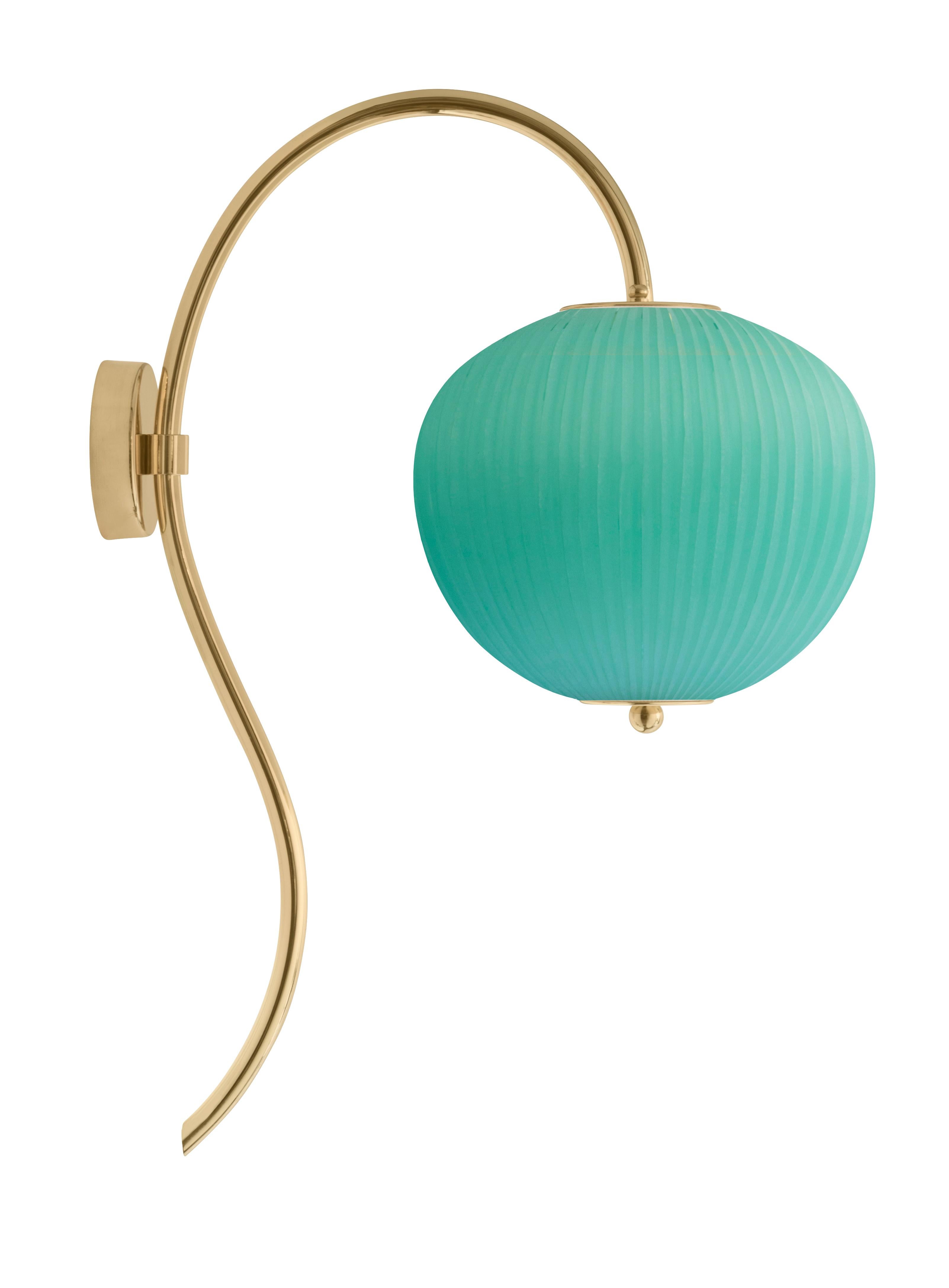Wall lamp China 03 by Magic Circus Editions
Dimensions: H 62 x W 26.2 x D 41.5 cm
Materials: Brass, mouth blown glass sculpted with a diamond saw
Colour: jade green

Available finishes: Brass, nickel
Available colours: enamel soft white, soft rose,