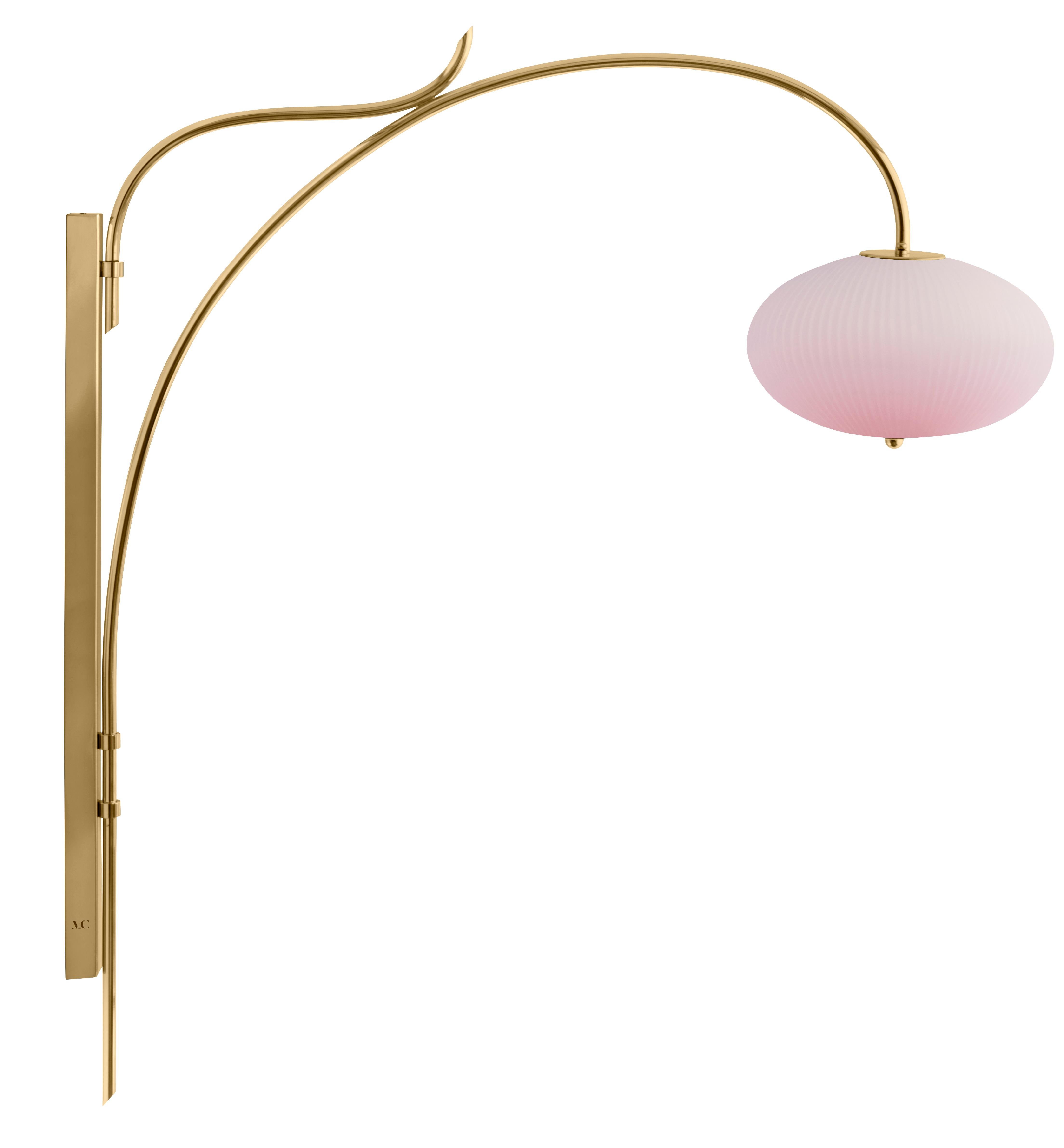 Wall lamp China 07 by Magic Circus Editions
Dimensions: H 120 x W 32 x D 113.5 cm
Materials: Brass, mouth blown glass sculpted with a diamond saw
Colour: soft rose

Available finishes: Brass, nickel
Available colours: enamel soft white, soft
