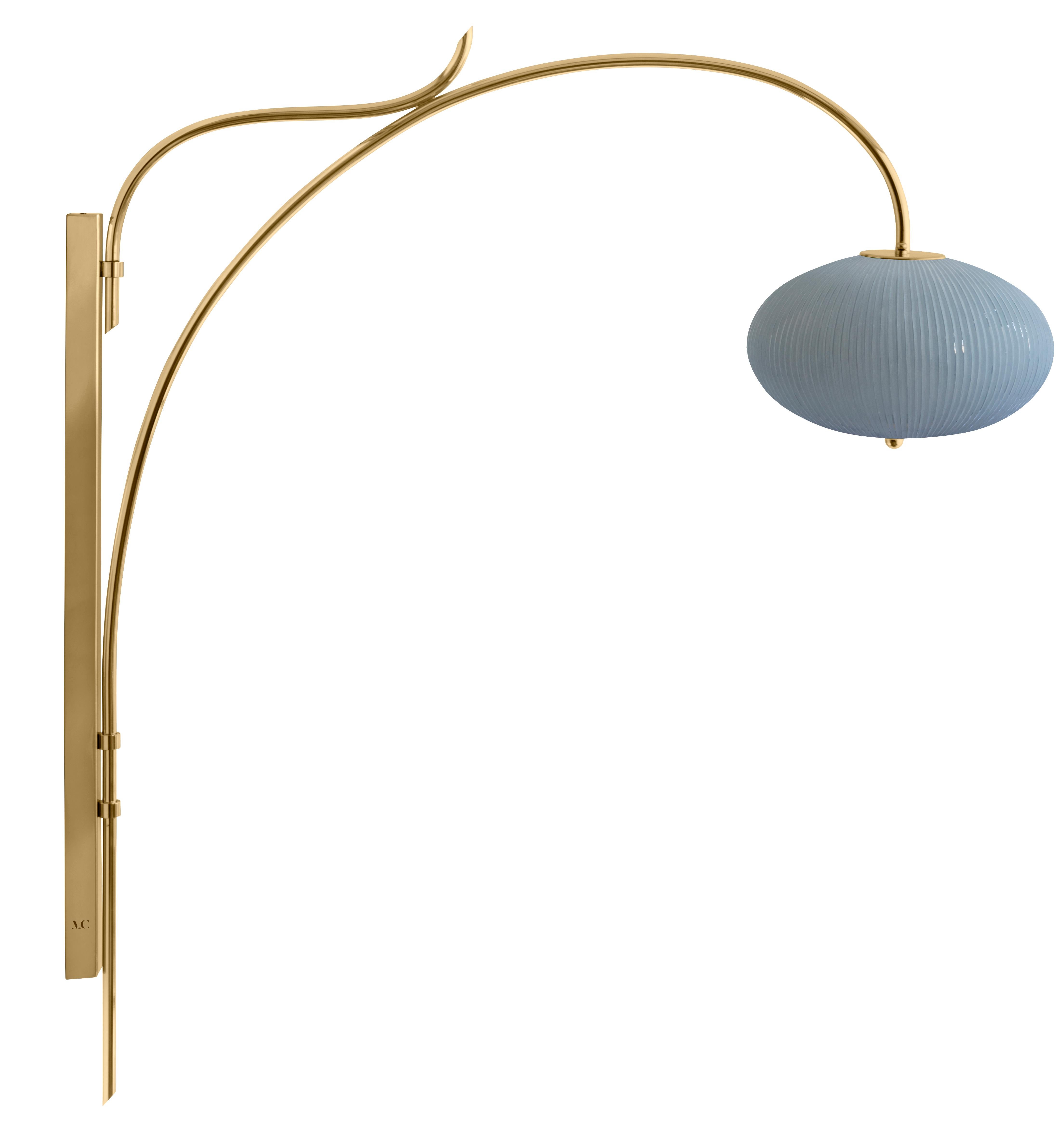 Wall lamp China 07 by Magic Circus Editions.
Dimensions: H 120 x W 32 x D 113.5 cm.
Materials: brass, mouth blown glass sculpted with a diamond saw.
Colour: opal grey.

Available finishes: brass, nickel.
Available colours: enamel soft white,