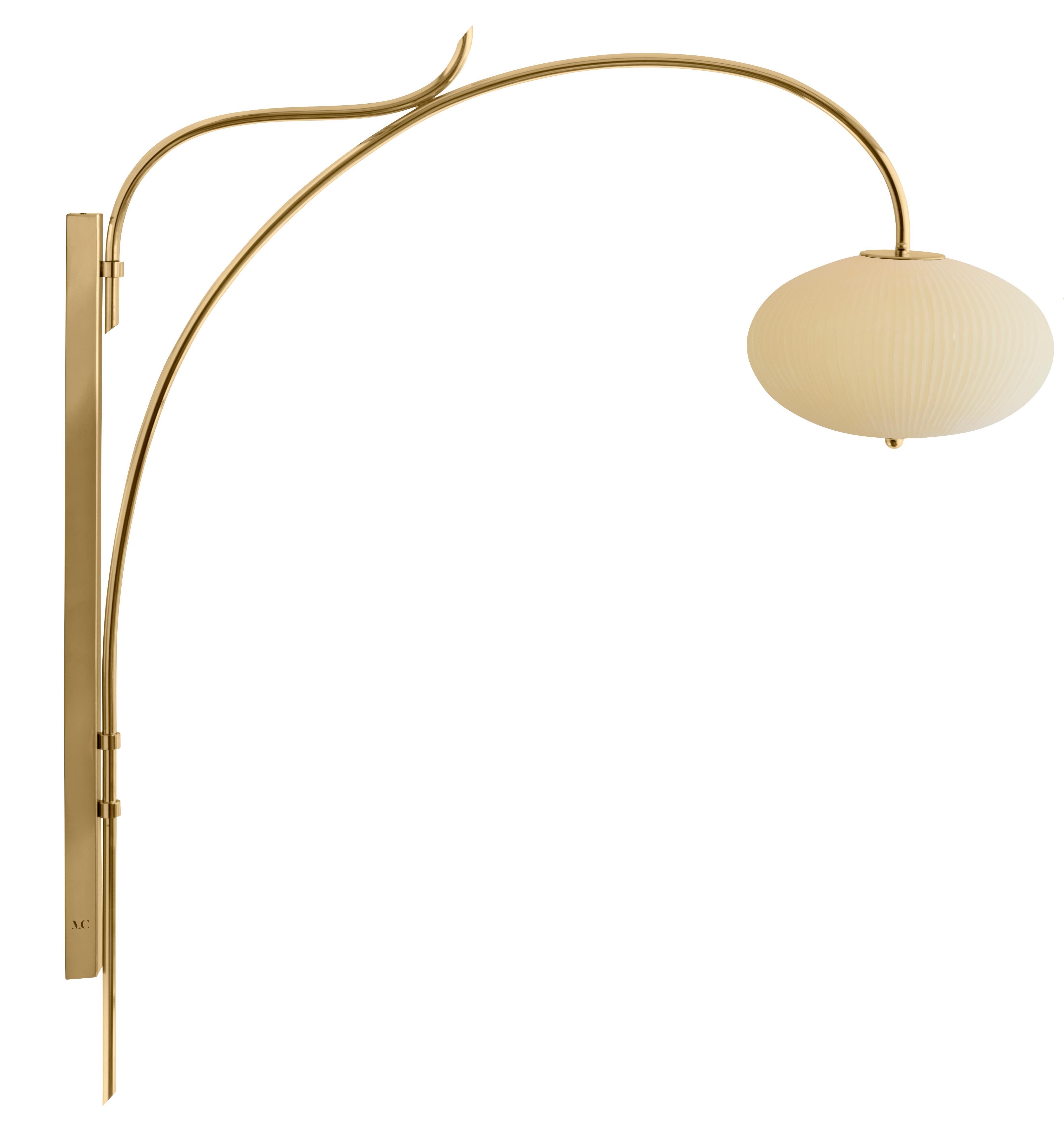 Wall lamp China 07 by Magic Circus Editions.
Dimensions: H 120 x W 32 x D 113.5 cm.
Materials: brass, mouth blown glass sculpted with a diamond saw.
Colour: mustard.

Available finishes: brass, nickel.
Available colours: enamel soft white,