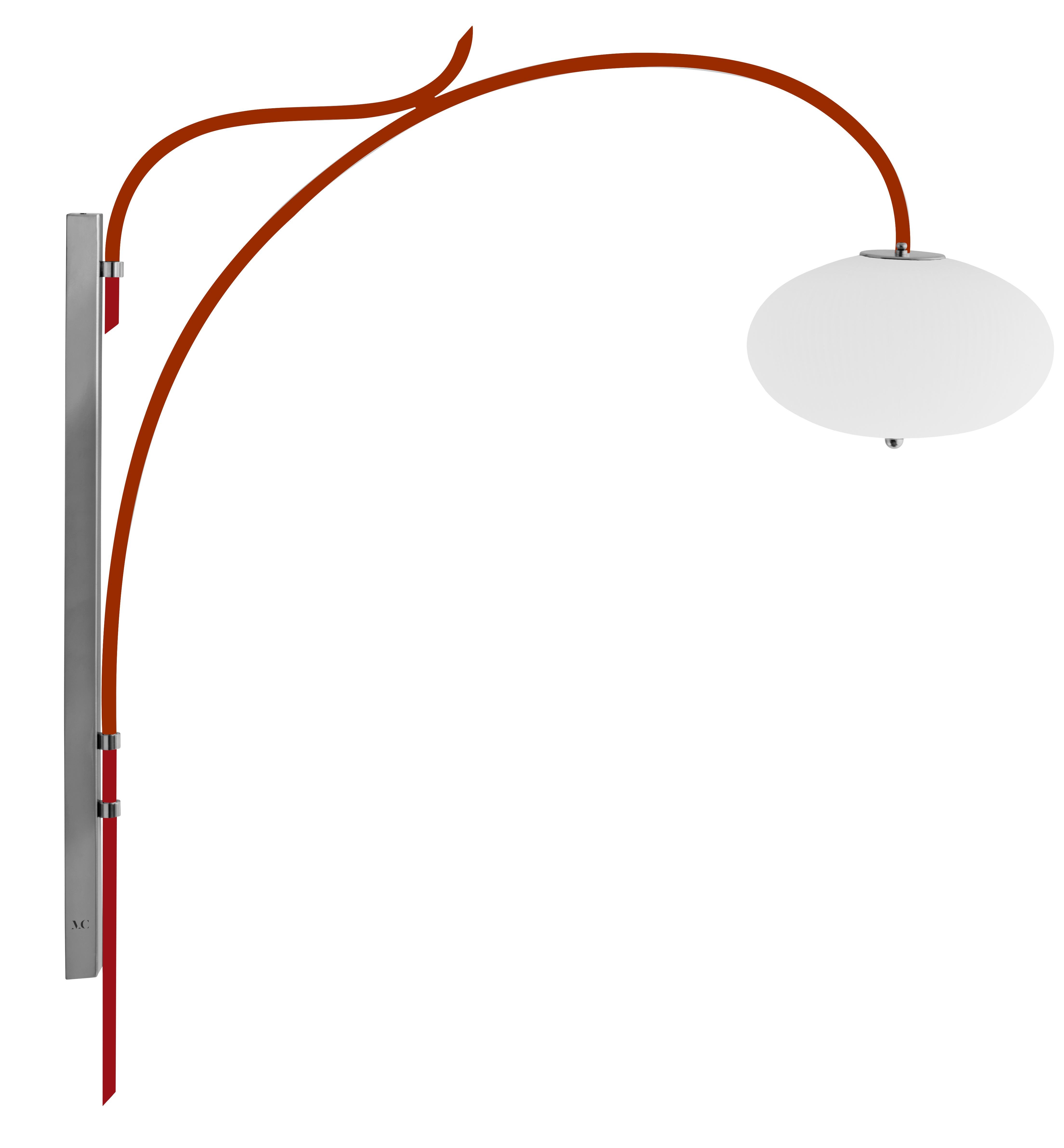 Wall Lamp China 07 by Magic Circus Editions.
Dimensions: H 120 x W 32 x D 113.5 cm.
Materials: brass, mouth blown glass sculpted with a diamond saw.
Colour: enamel soft white, red brick.

Available finishes: brass, nickel.
Available colours: