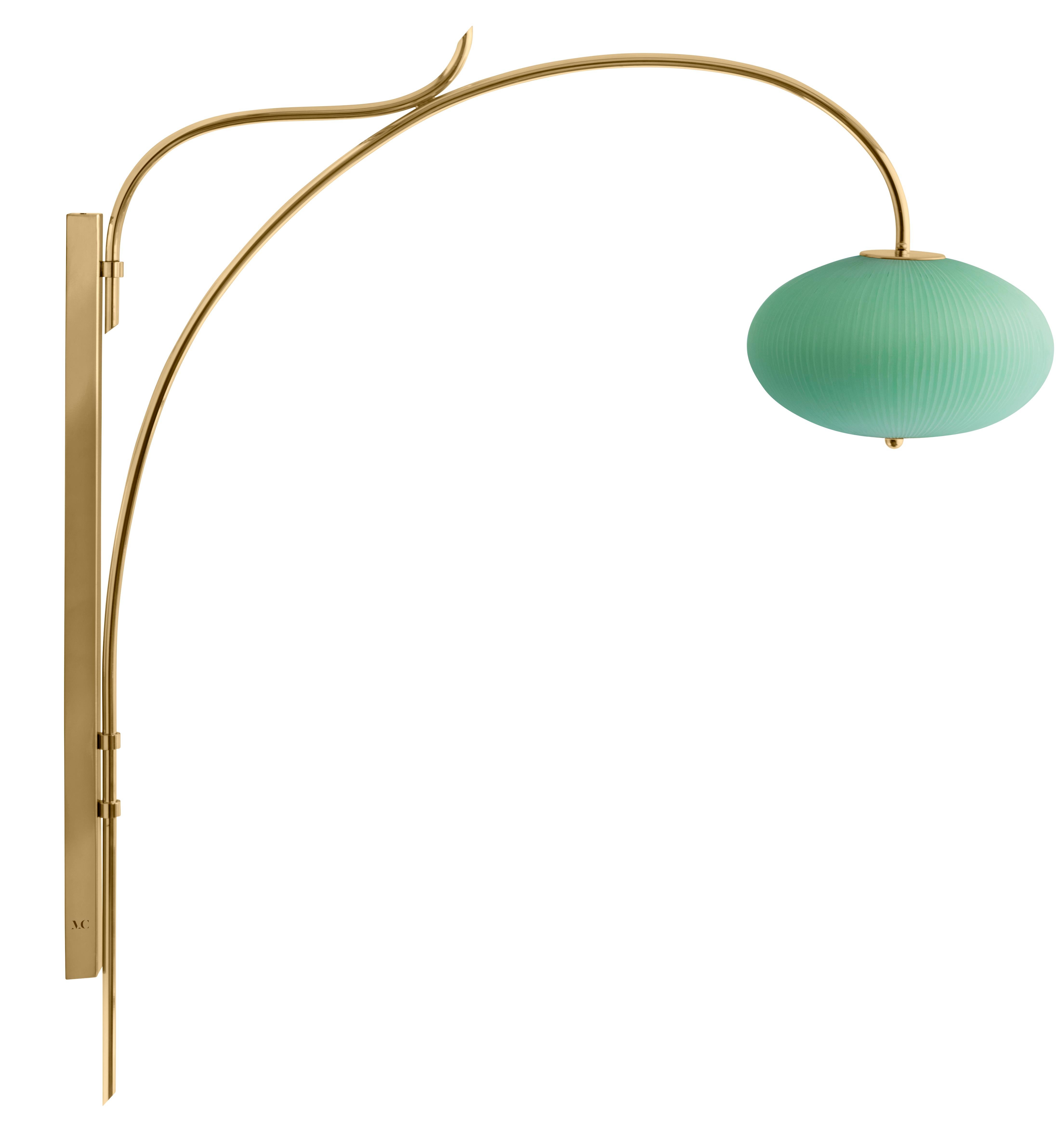 Wall lamp China 07 by Magic Circus Editions.
Dimensions: H 120 x W 32 x D 113.5 cm.
Materials: brass, mouth blown glass sculpted with a diamond saw.
Colour: jade green.

Available finishes: brass, nickel.
Available colours: enamel soft white,
