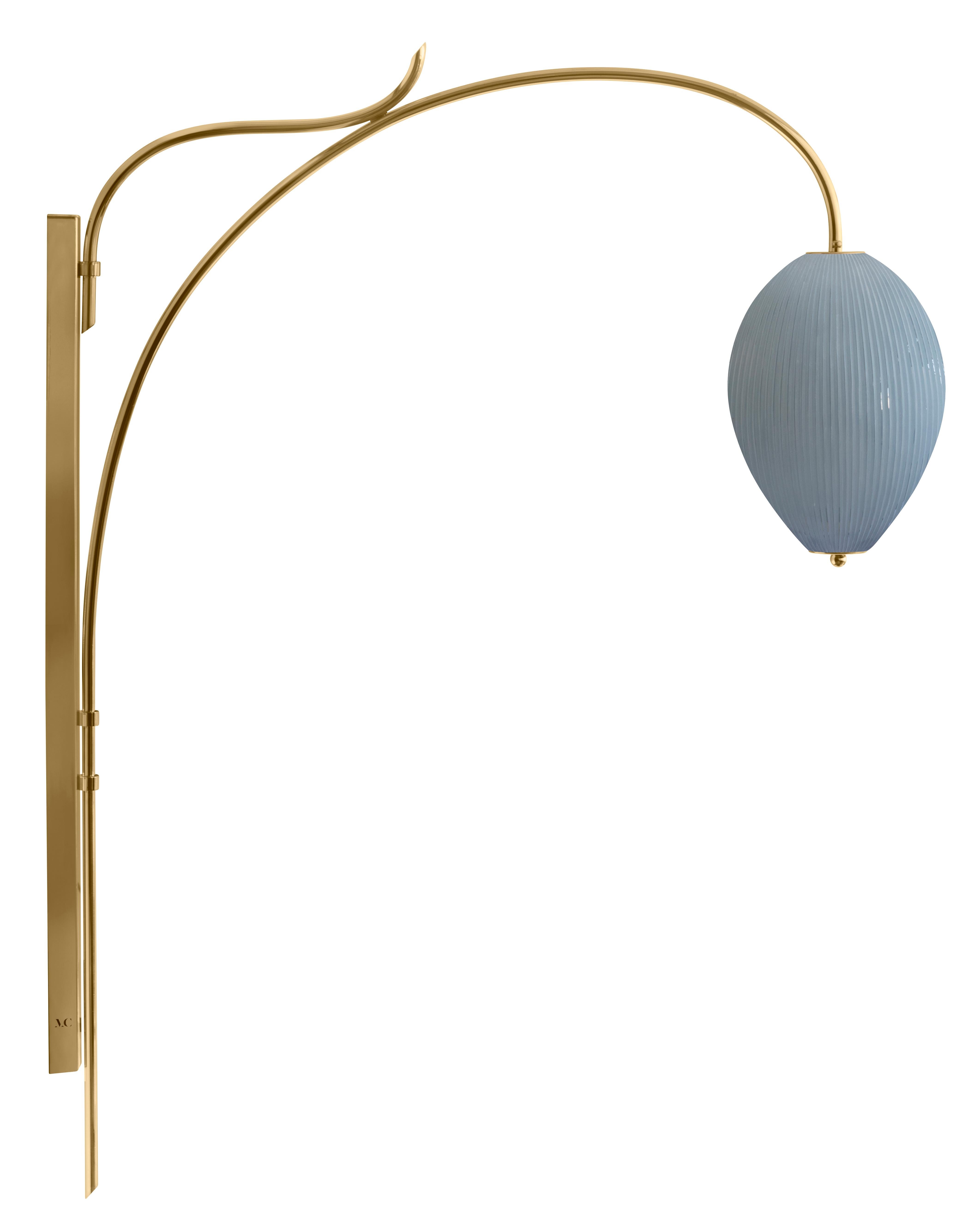 Wall lamp China 10 by Magic Circus Editions
Dimensions: H 134 x W 25.2 x D 113.5 cm
Materials: Brass, mouth blown glass sculpted with a diamond saw
Colour: opal grey

Available finishes: Brass, nickel
Available colours: enamel soft white, soft