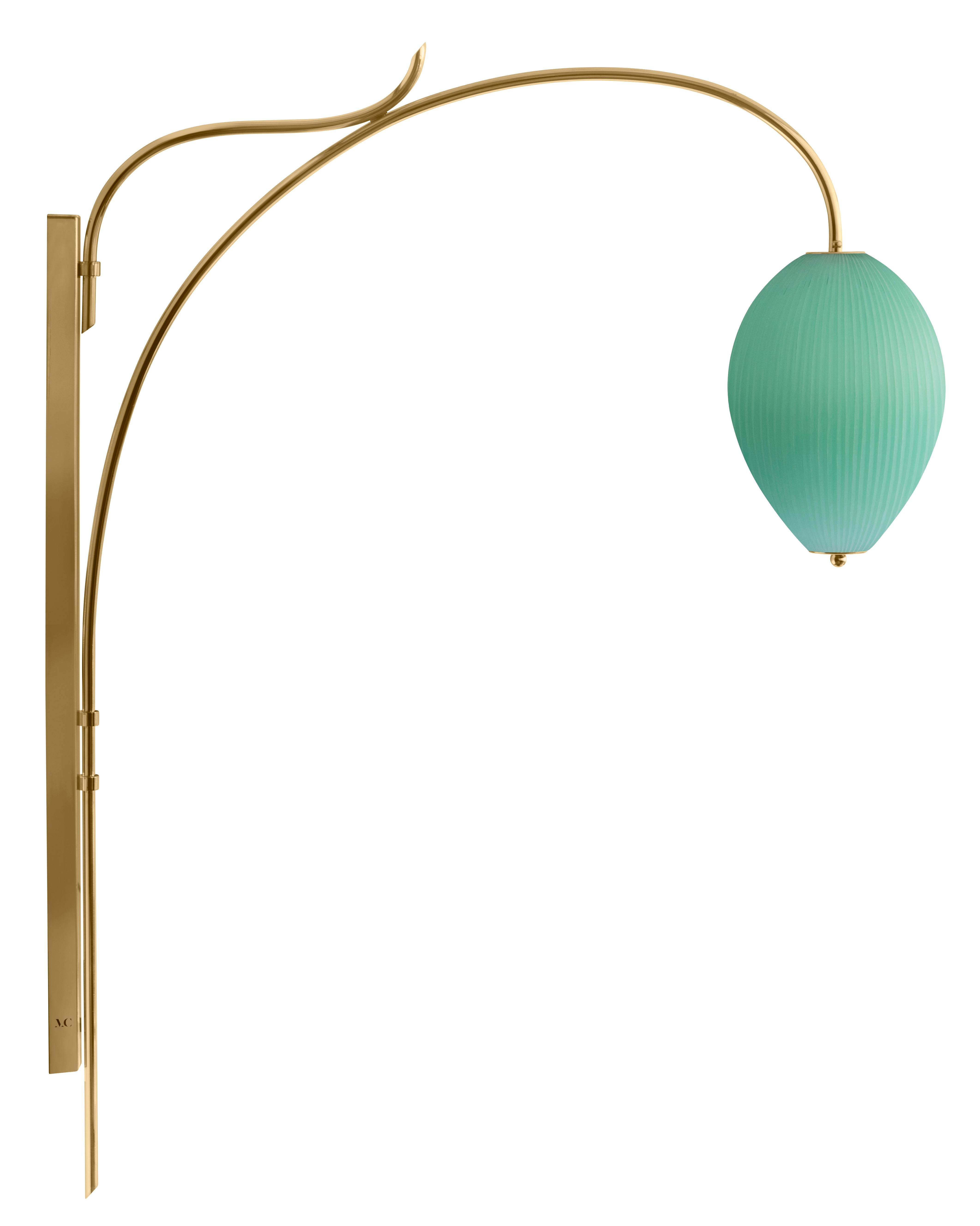 Wall lamp China 10 by Magic Circus Editions.
Dimensions: H 134 x W 25.2 x D 113.5 cm.
Materials: brass, mouth blown glass sculpted with a diamond saw.
Colour: opal grey.

Available finishes: brass, nickel.
Available colours: enamel soft white,