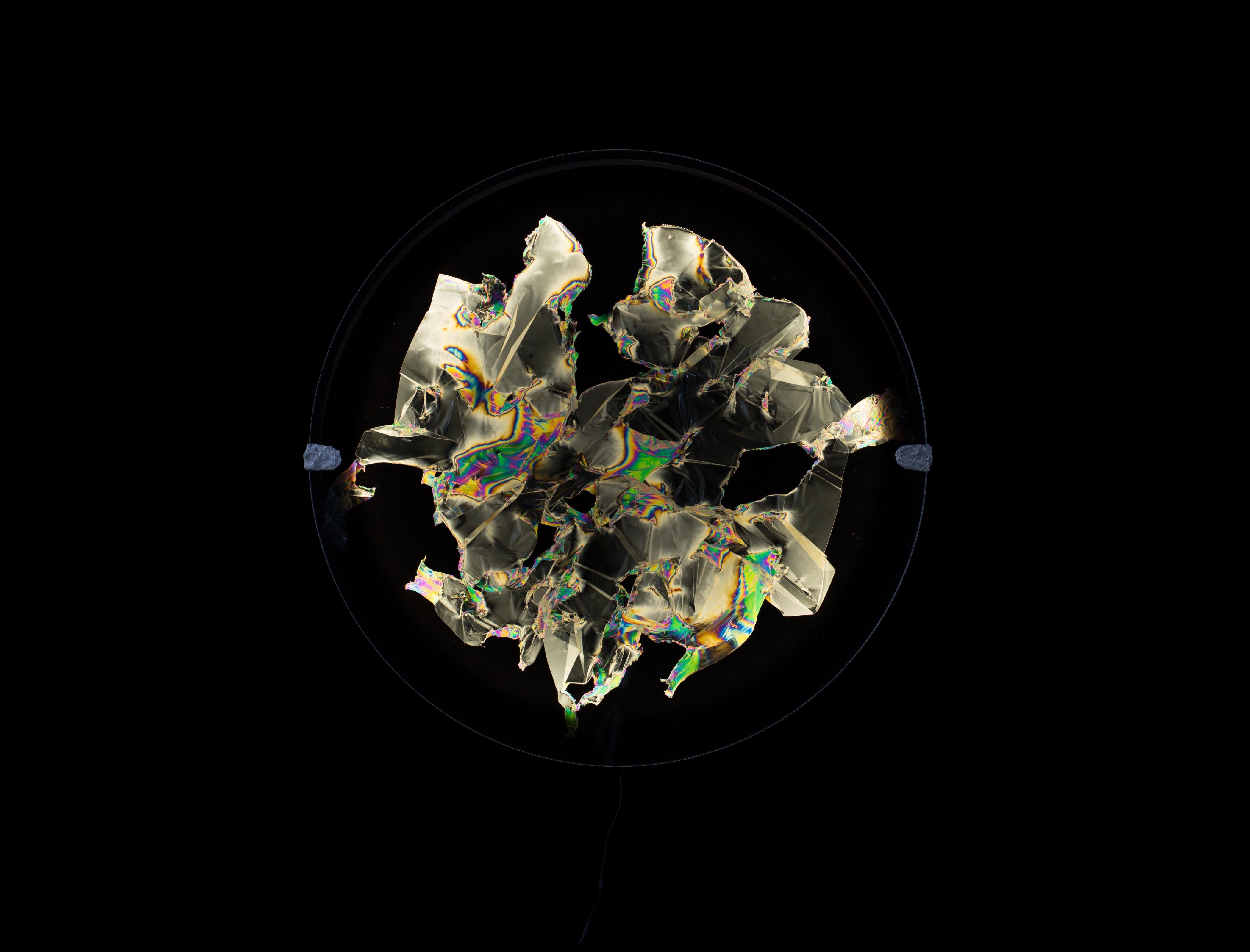 Wall lamp II by Kajsa Willner
Dimensions: 60 x 4 cm
Materials: polarized filters, disposable plastic

Polarized Portraits
Polarized portraits is a set of wall lights and lamps that use polarized light to reveal stress patterns in clear plastic,