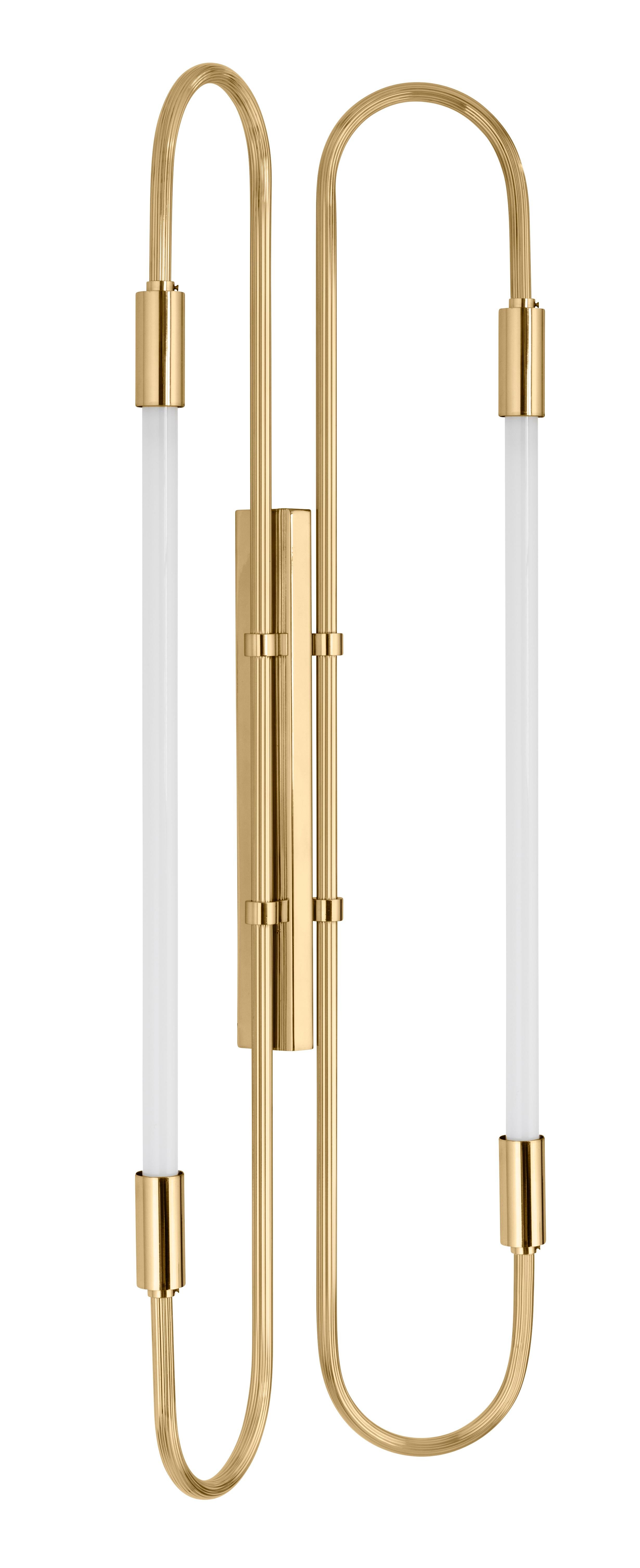 Wall Lamp Neon Double 103 by Magic Circus Editions
Dimensions: H. 103 cm, W. 37 cm, D. 11 cm, 3.6 kg.
Materials: Fluted brass tube and glass.
Available Finishes: brass (lacquered polished brass, unlacquered polished brass, brushed brass) or nickel