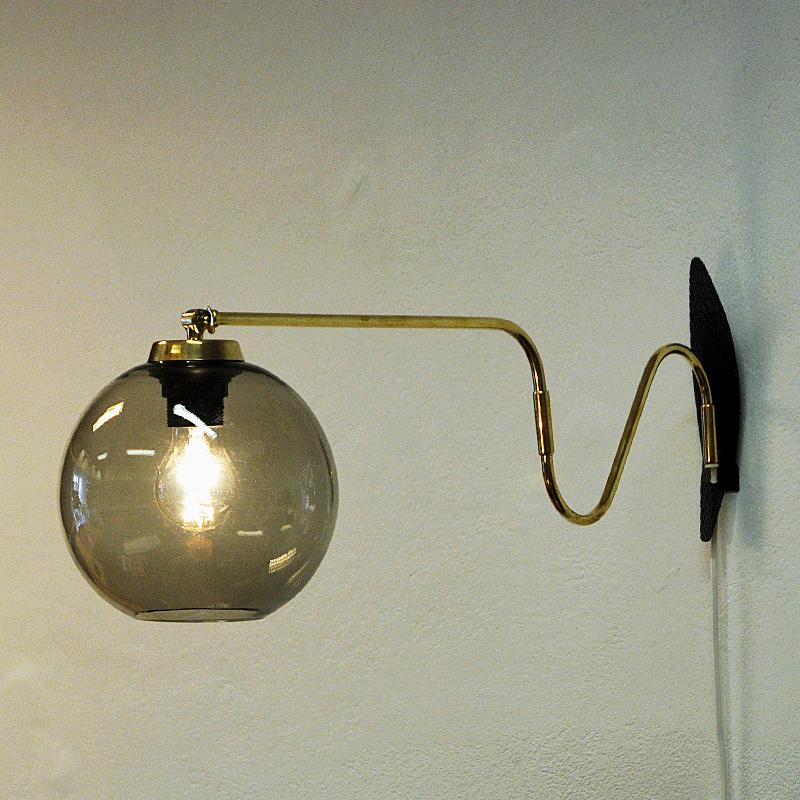 Scandinavian Modern Wall Lamp on a Brass Arm with Glassdome Høvik Verk, Norway, 1950s