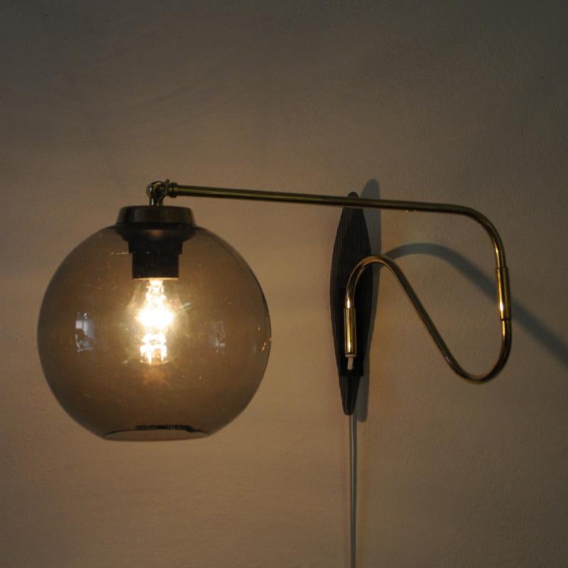 Mid-20th Century Wall Lamp on a Brass Arm with Glassdome Høvik Verk, Norway, 1950s