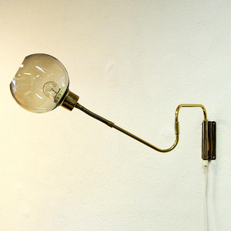 Scandinavian Modern Wall Lamp on Brass Arm with Glass Dome T. Røste & Co, Norway, 1960s