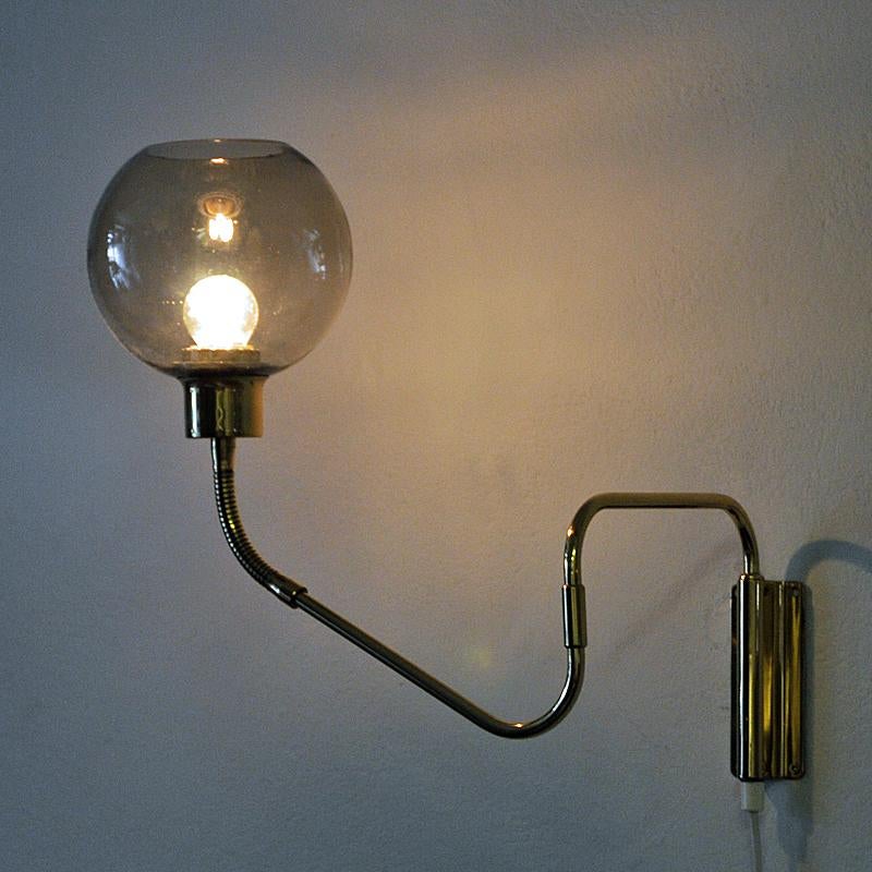 Polished Wall Lamp on Brass Arm with Glass Dome T. Røste & Co, Norway, 1960s