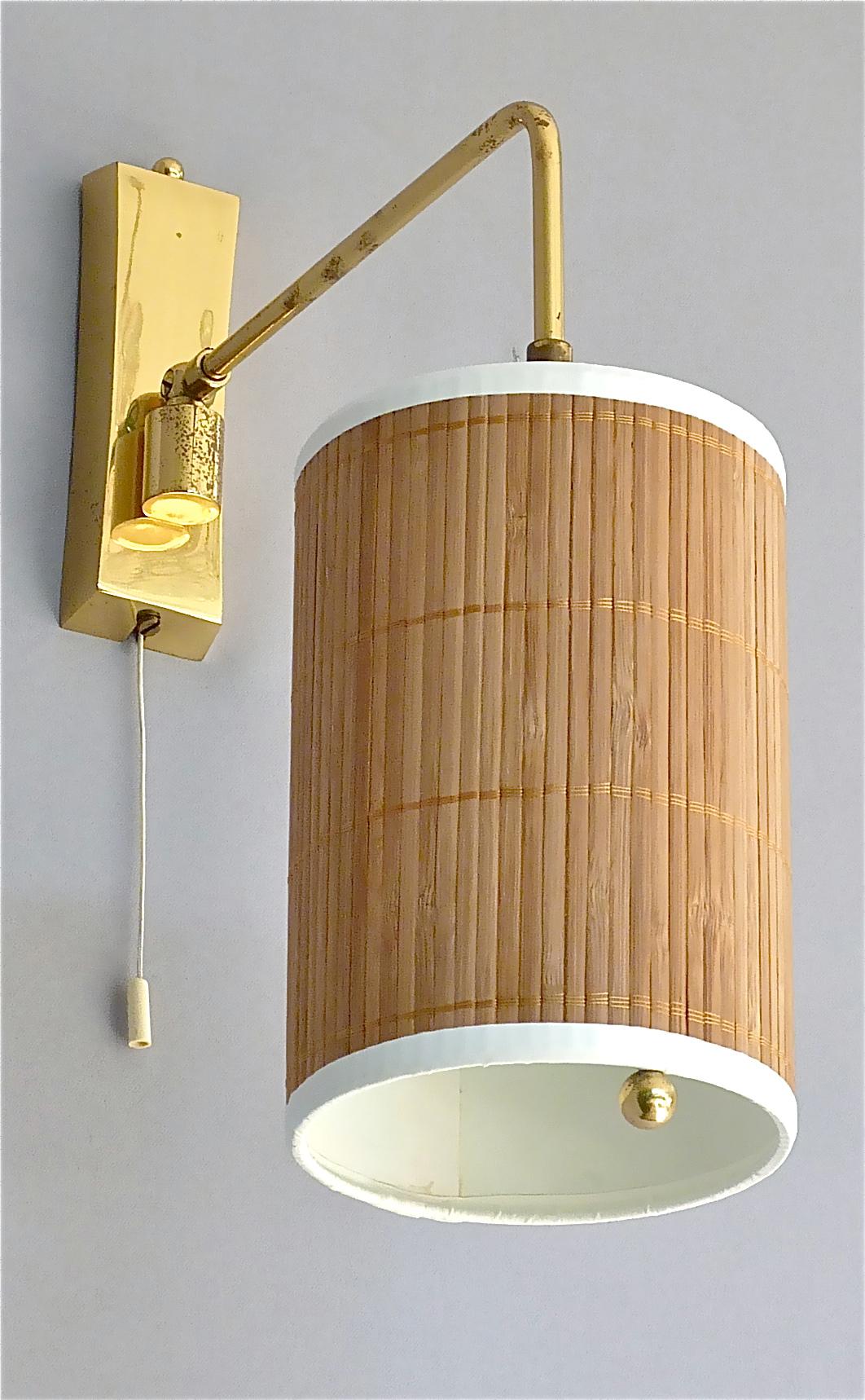 Mid-20th Century Wall Lamp Paavo Tynell Taito Oy Kalmar Style Brass Cane Wood Shade 1950s Sconce For Sale