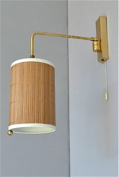 Wall Lamp Paavo Tynell Taito Oy Kalmar Style Brass Cane Wood Shade 1950s Sconce