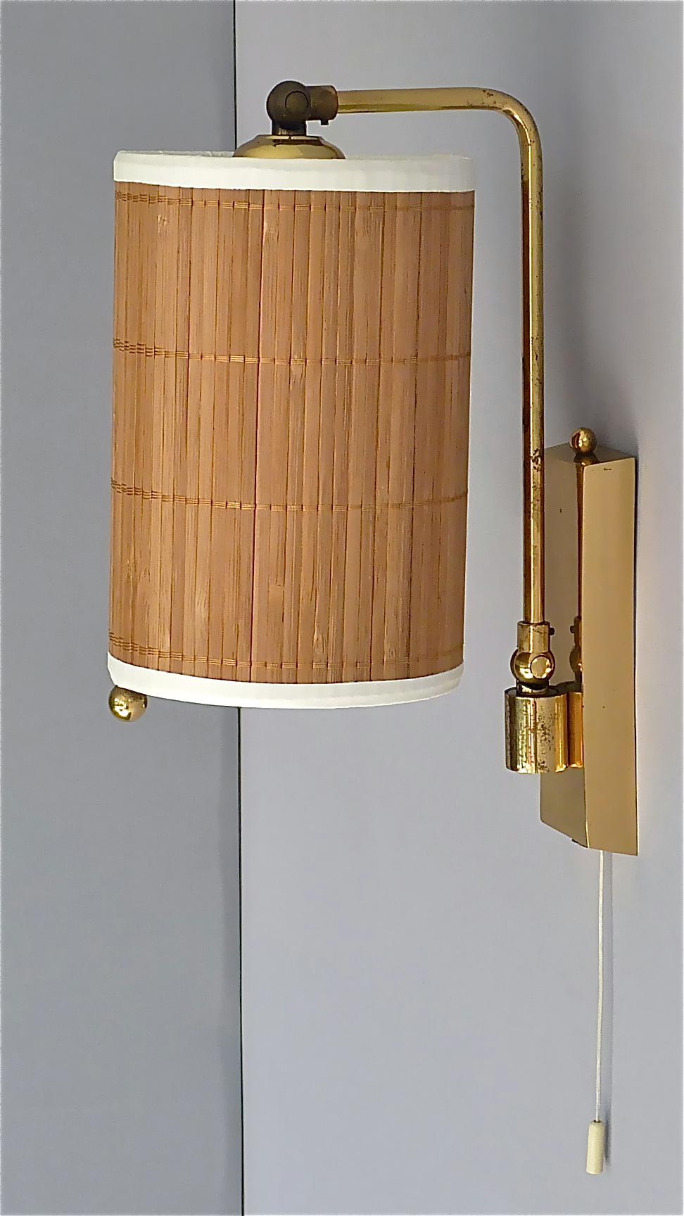 Scandinavian Modern Wall Lamp Paavo Tynell Taito Oy Kalmar Style Brass Cane Wood Shade 1950s Sconce For Sale
